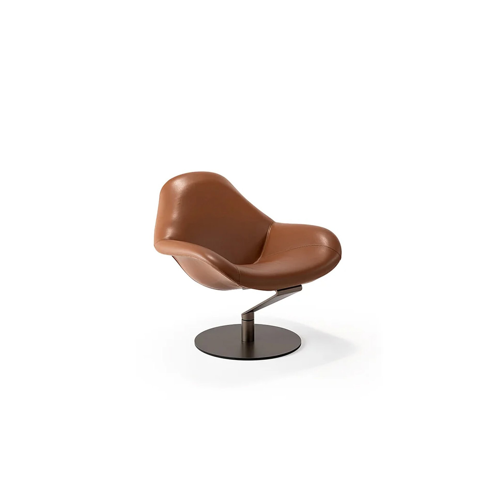 Zenith Swivel Armchair low-back version in brown leather, angled front view.
