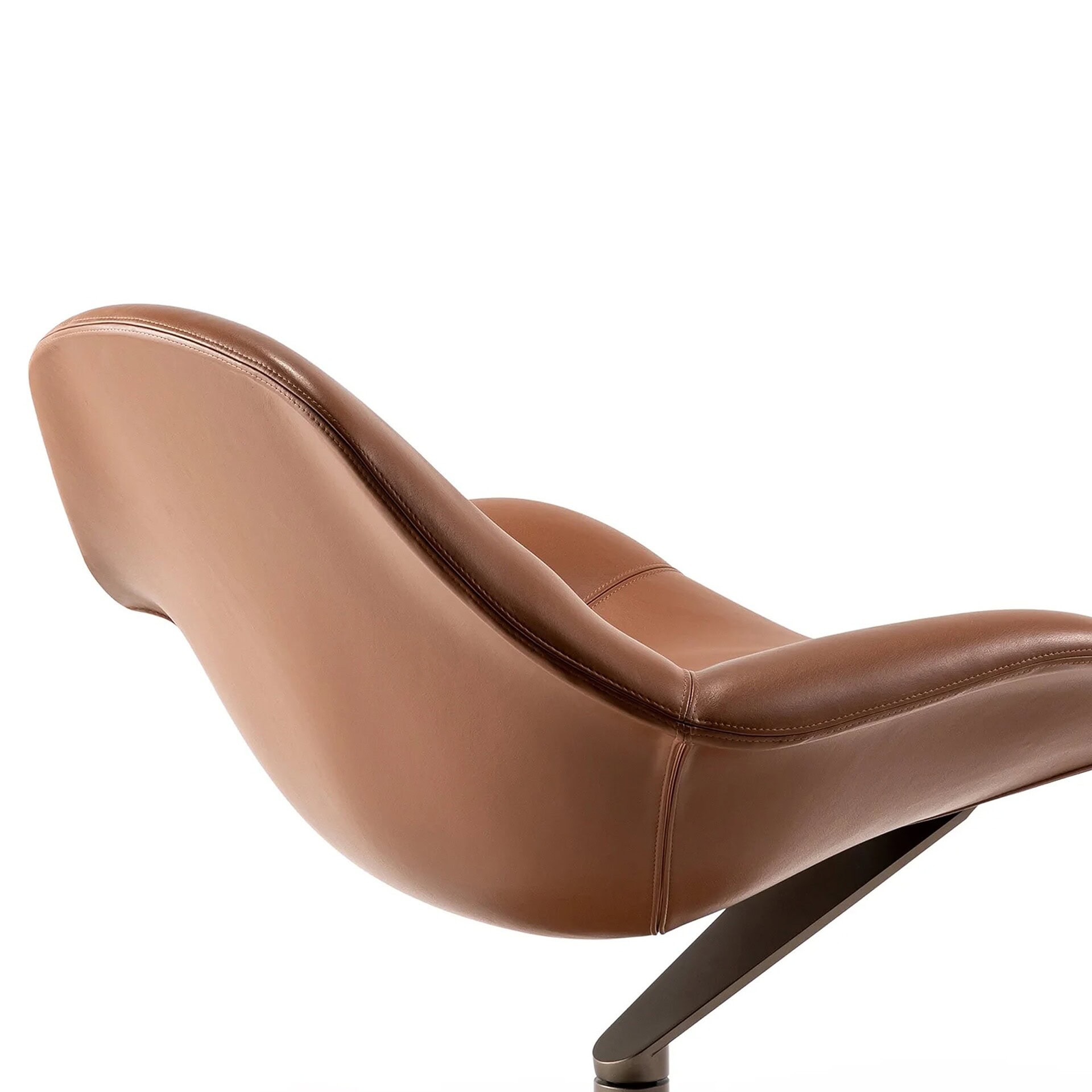Zenith Swivel Armchair low-back version in brown leather, side view close-up.