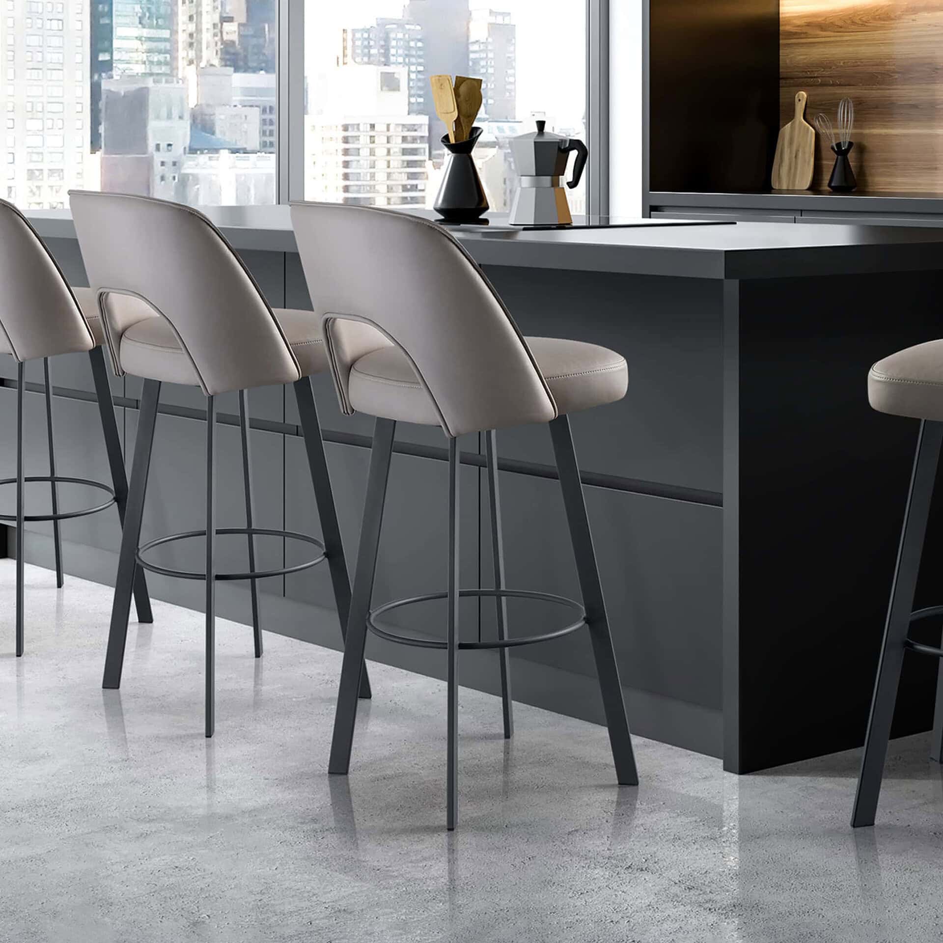 Upholstered bar stool with sleek design, perfect for modern kitchens and bars. Comfortable seating w.