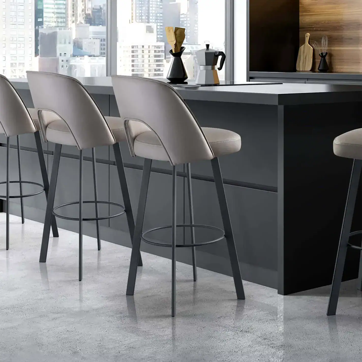 Upholstered bar stool with sleek design, perfect for modern kitchens and bars. Comfortable seating w.