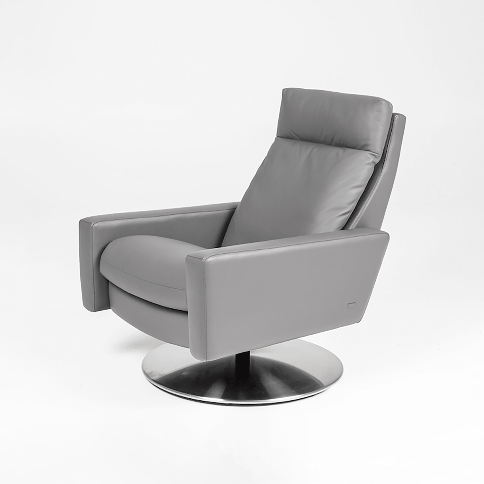 A modern gray leather recliner chair with a swivel base, shown at an angle on a white background.