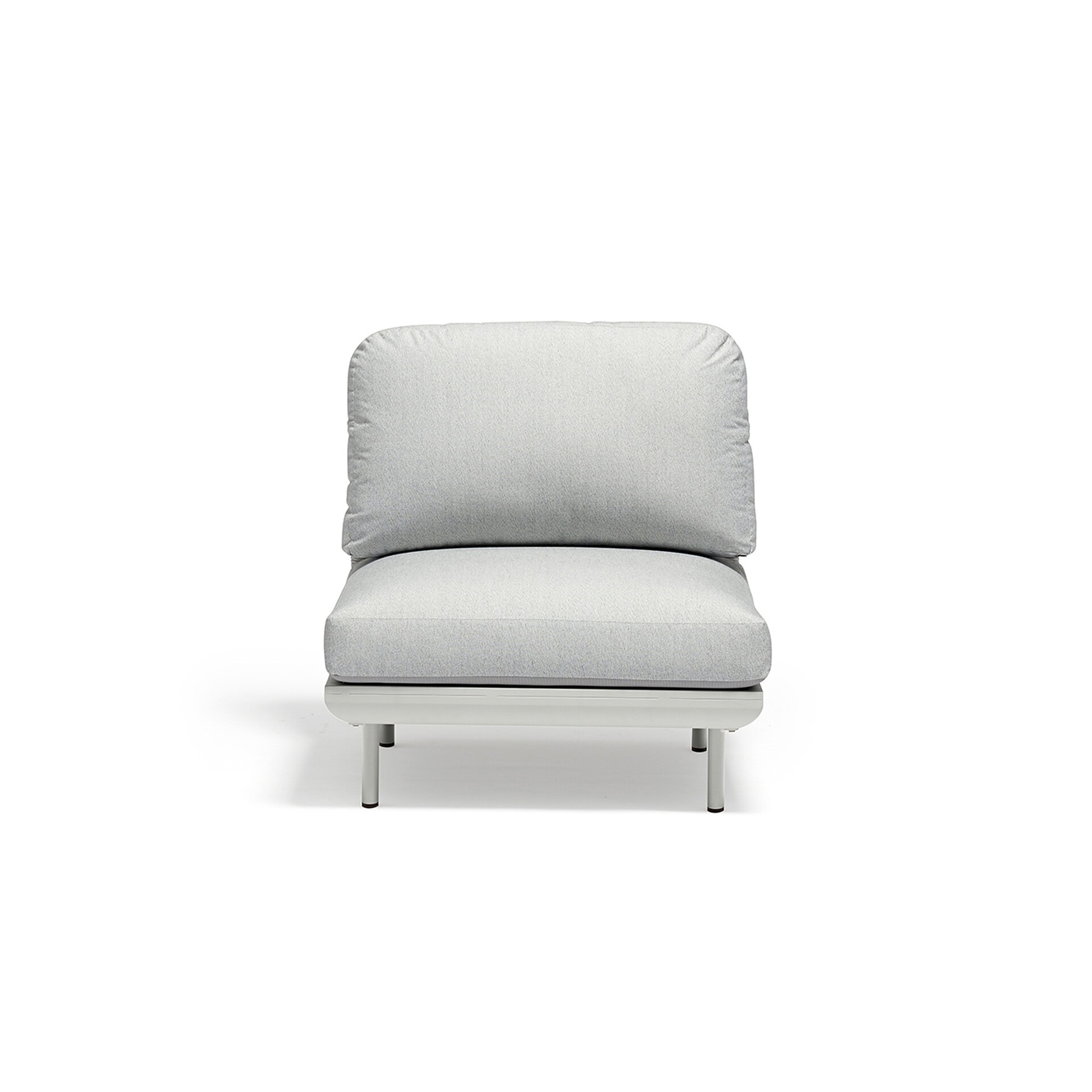 Modern gray lounge chair with plush cushions and sleek design.
