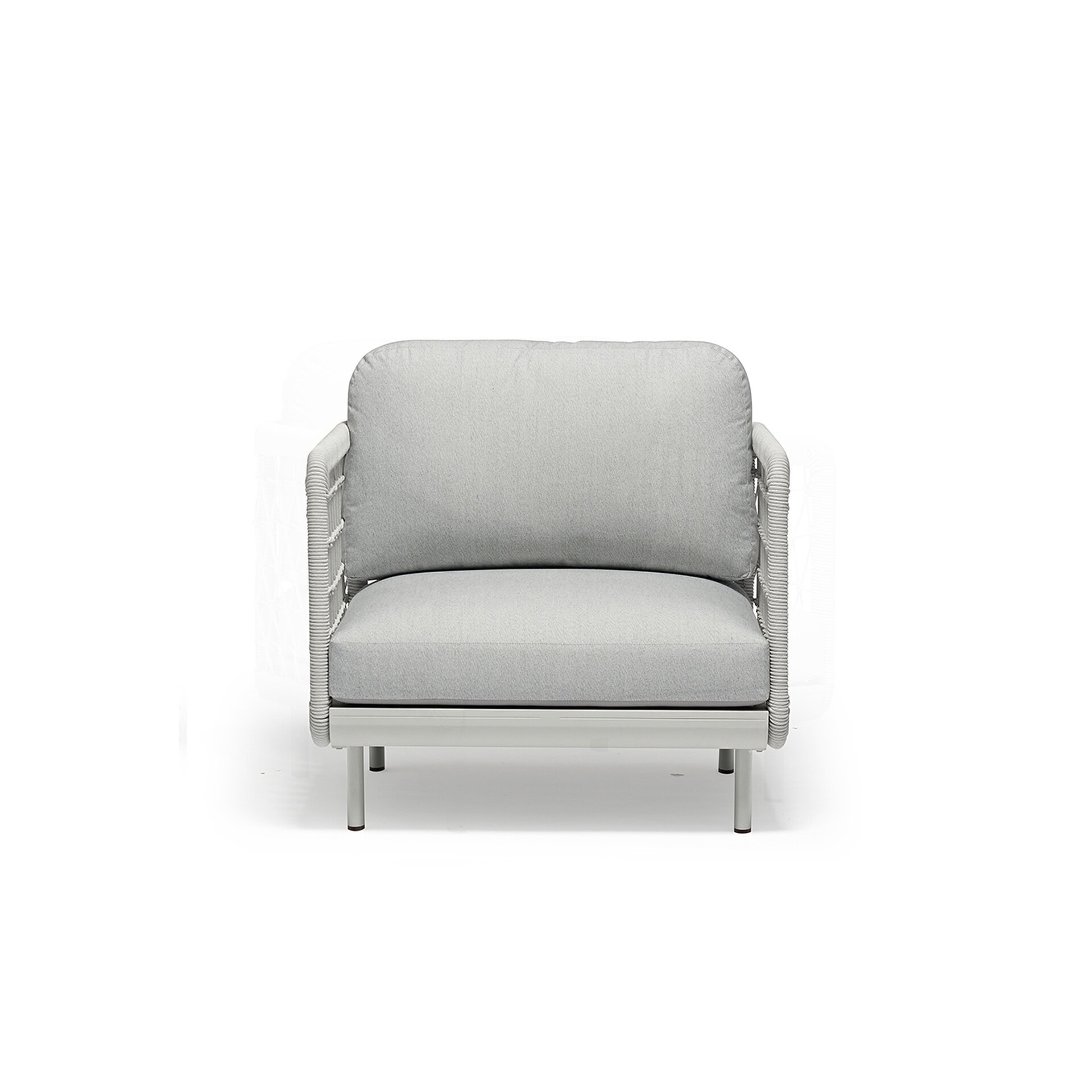 Modern white armchair with sleek design and comfortable cushions.