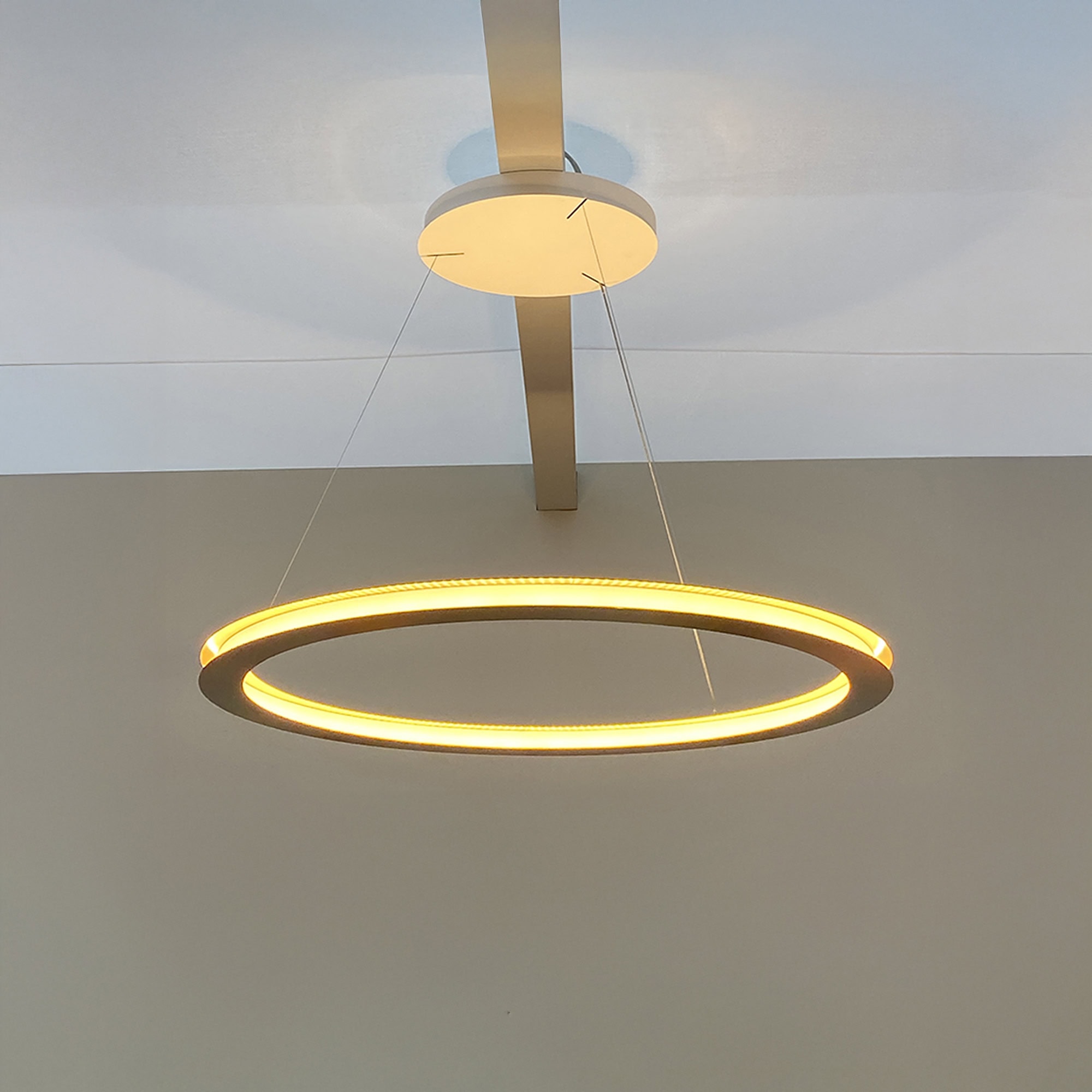 Contemporary LED ring pendant light hanging from ceiling.
