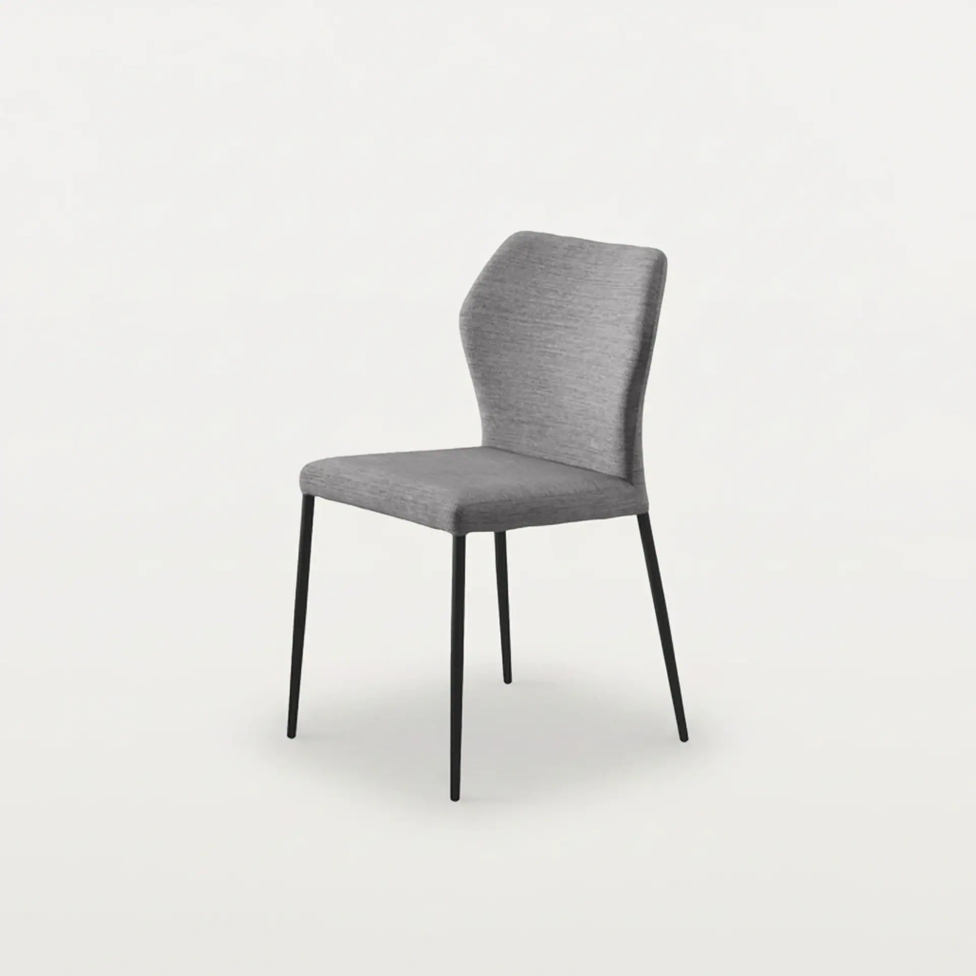 Grey upholstered dining chair with sleek black metal legs for contemporary dining rooms.