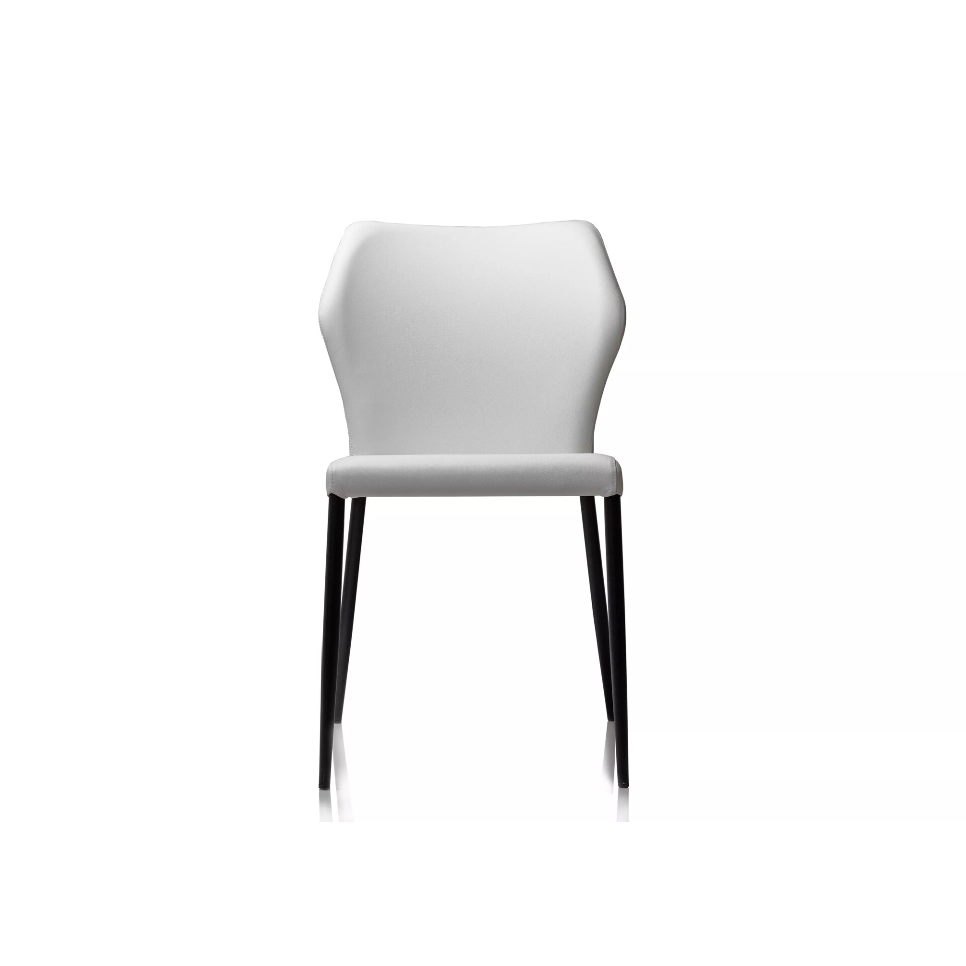Front view of a modern light grey upholstered chair with a curved backrest and black tapered legs, isolated on a white background.
