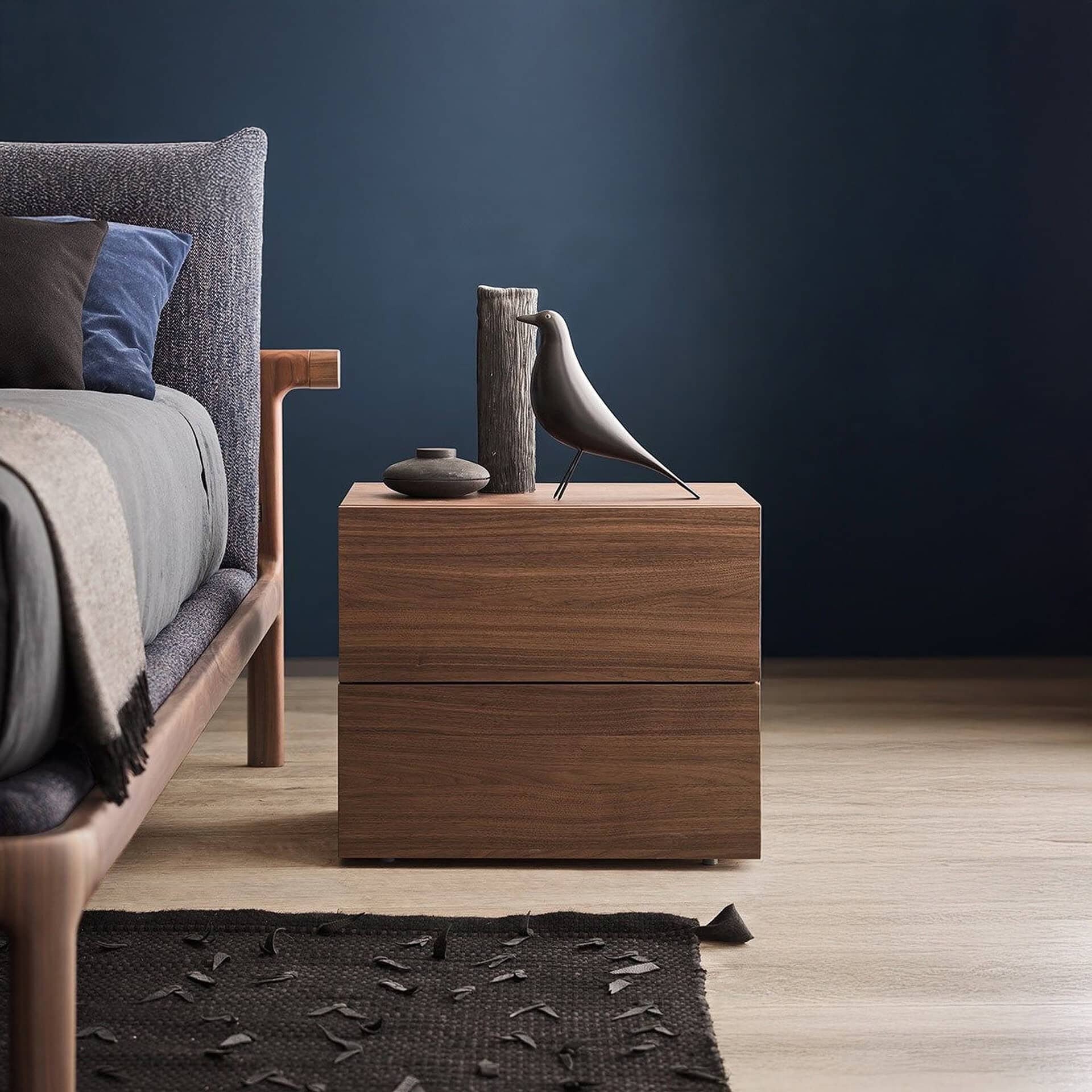 Pianca People nightstand in wood veneer finish, styled next to a bed in a modern bedroom setting.