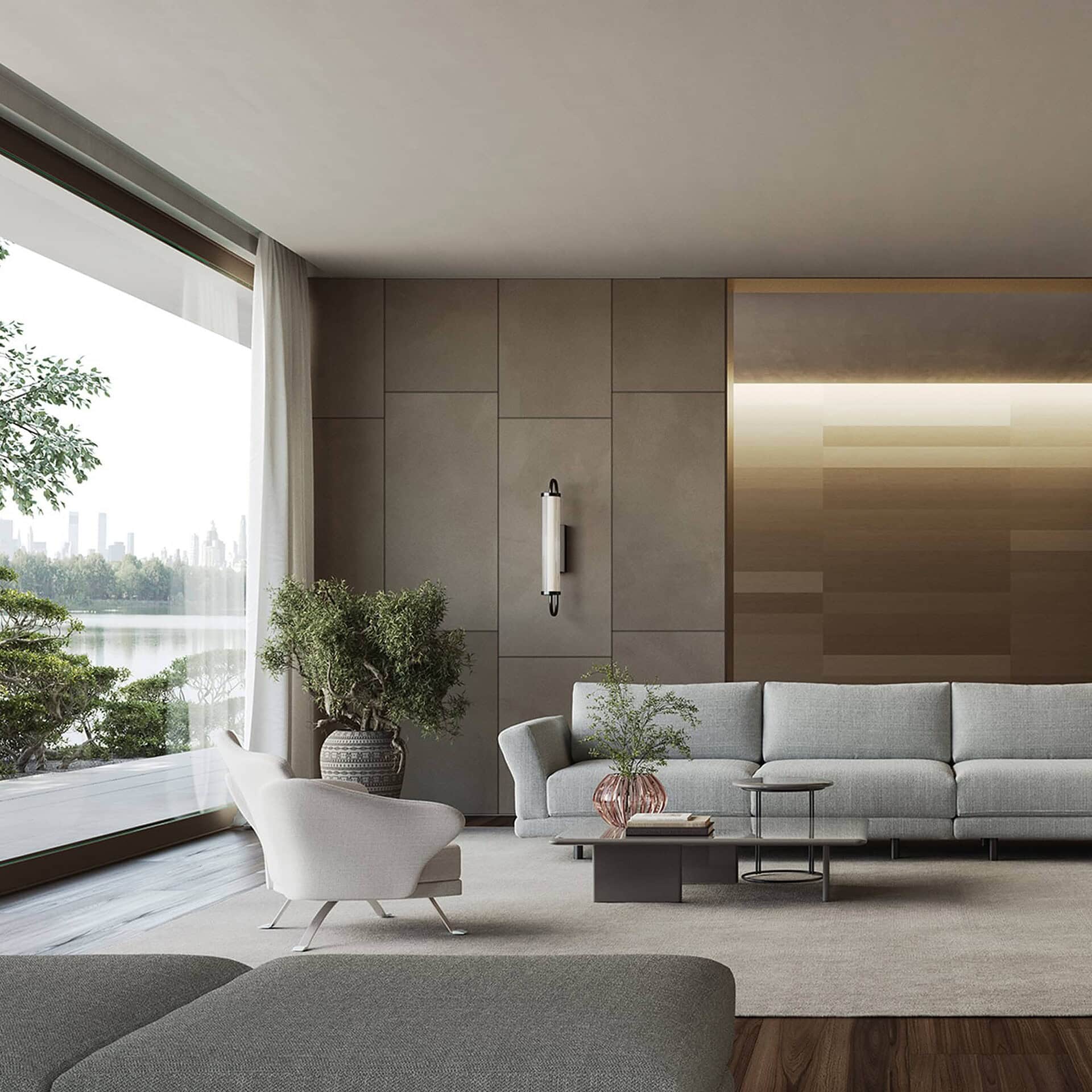 Flower Armchair in neutral beige upholstery placed in a modern living room