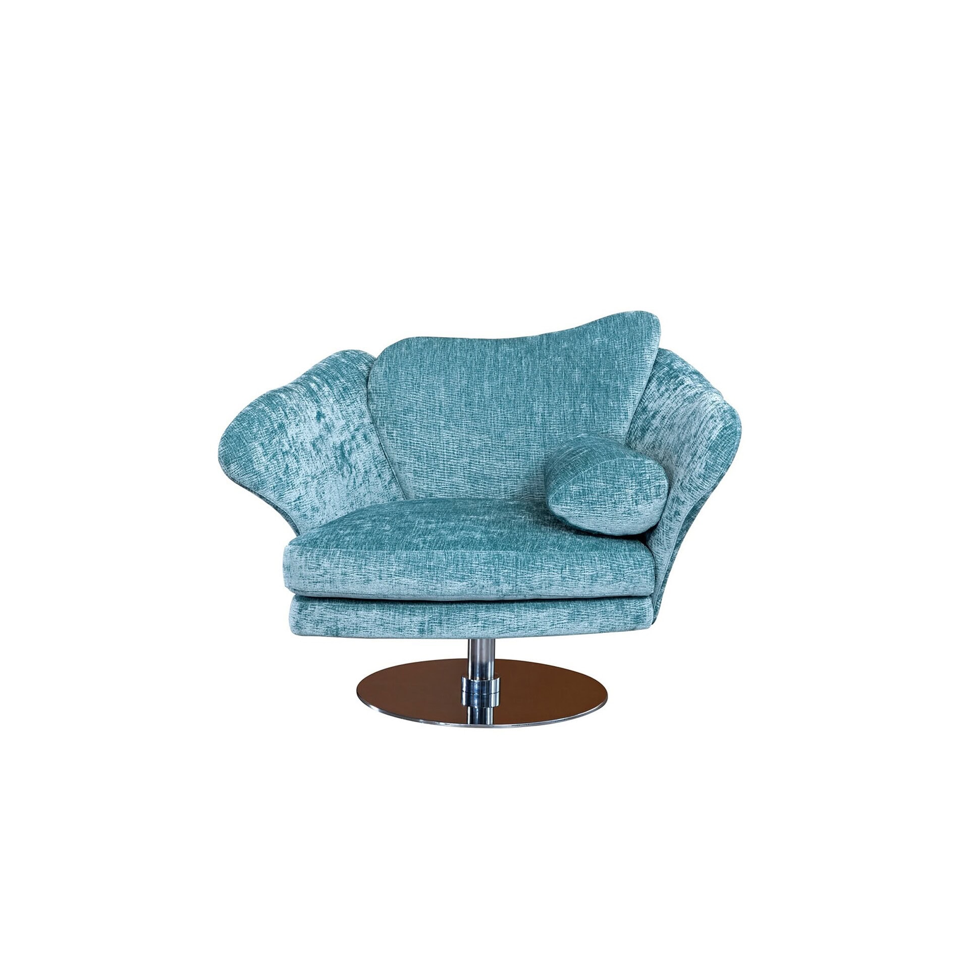 Flower Armchair in teal blue fabric with swivel base, front angle view