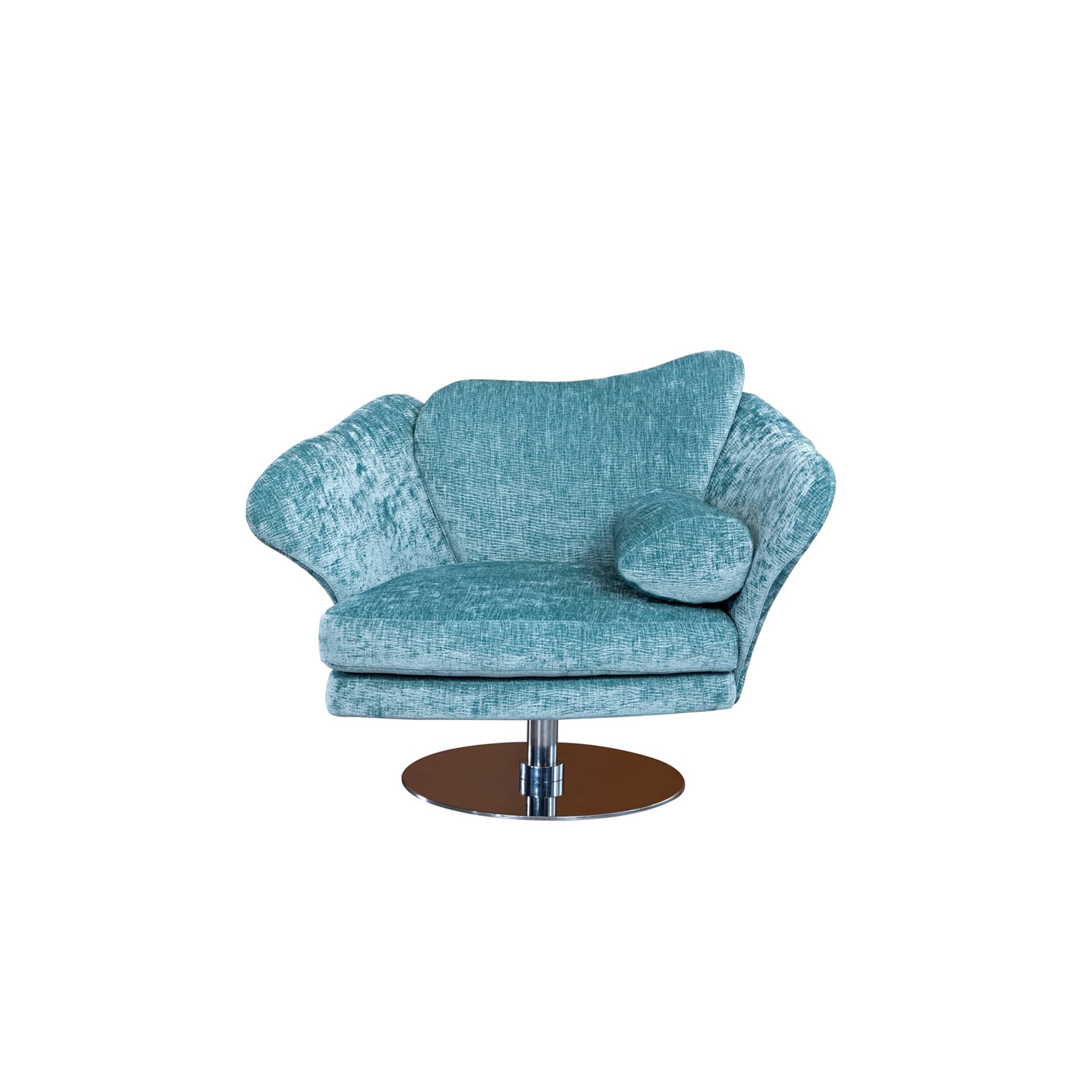 Flower Armchair in teal blue fabric with swivel base, front angle view