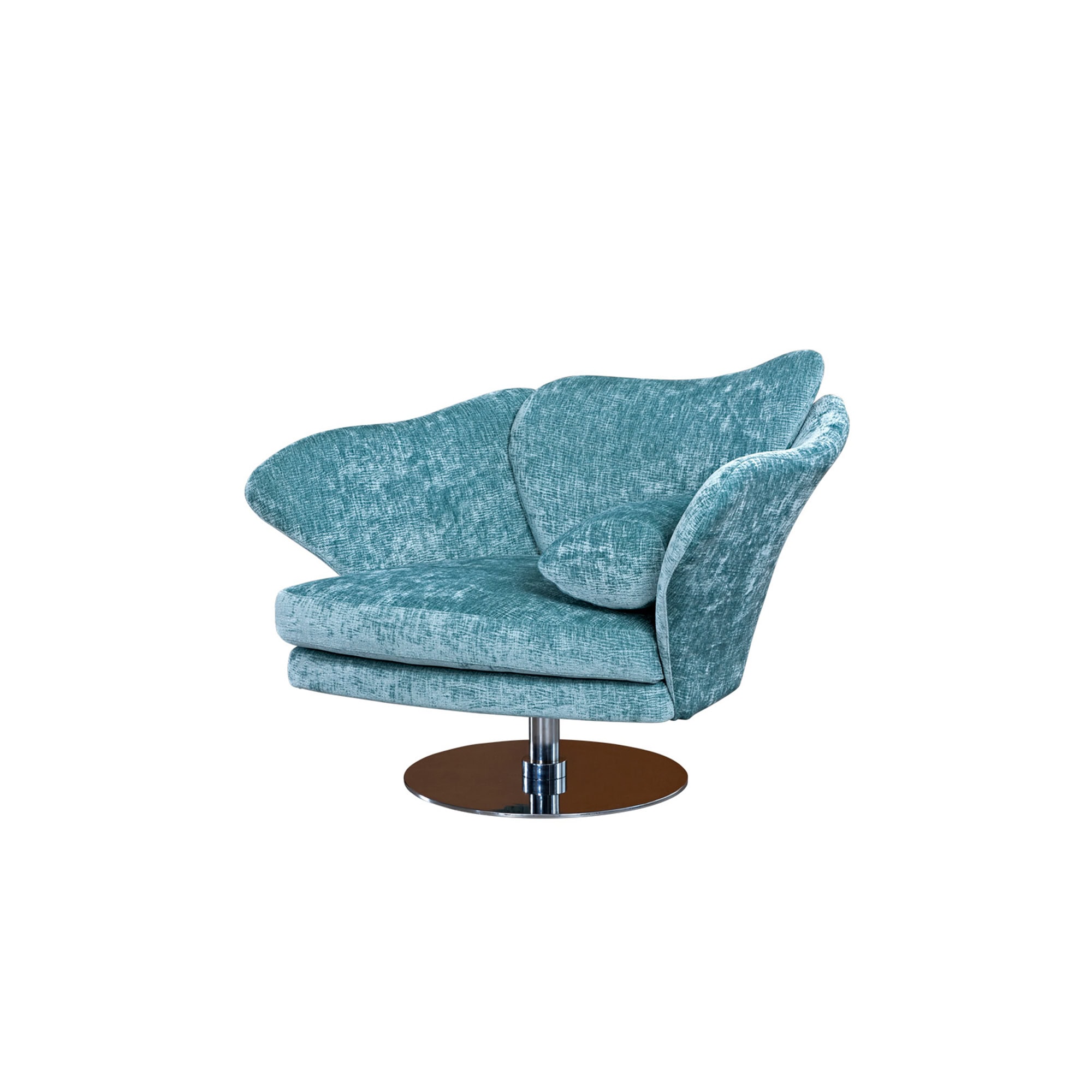 Flower Armchair in teal blue fabric with curved backrest, angled side view