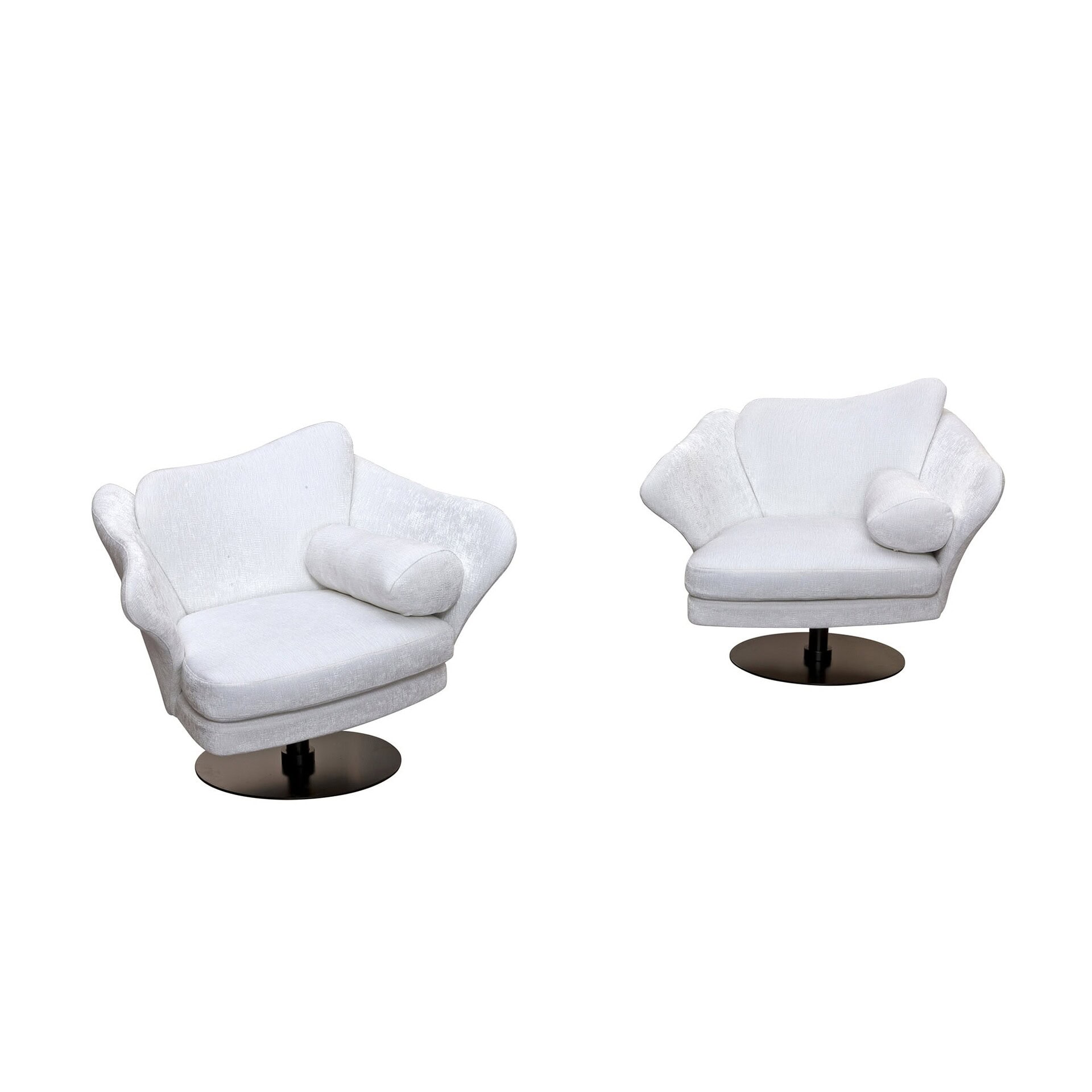 Pair of Flower Armchairs in white fabric with swivel bases displayed on white background