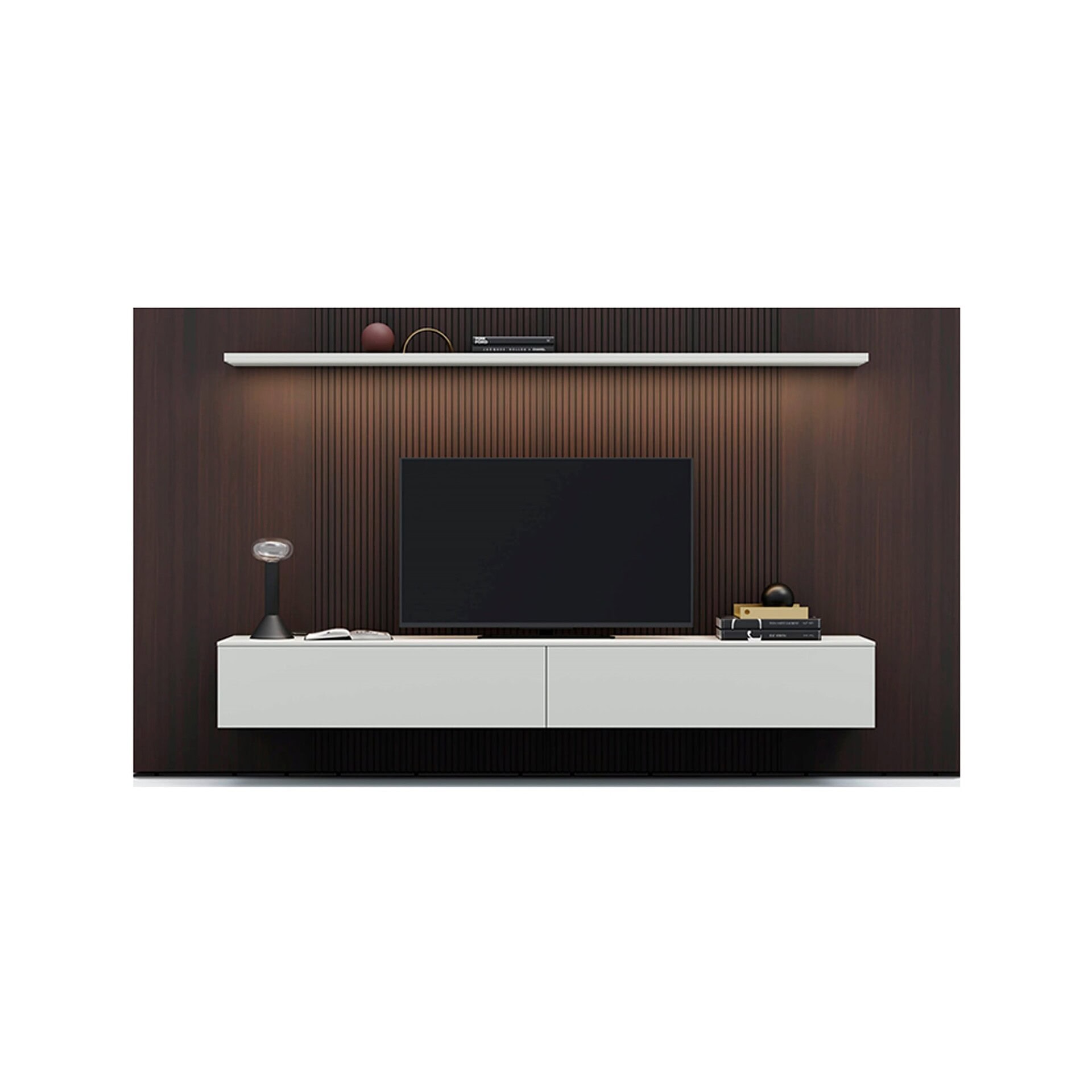 A modern media console setup with a black TV against a dark slatted wooden wall, a white floating cabinet, and a white floating shelf with minimalist decor.
