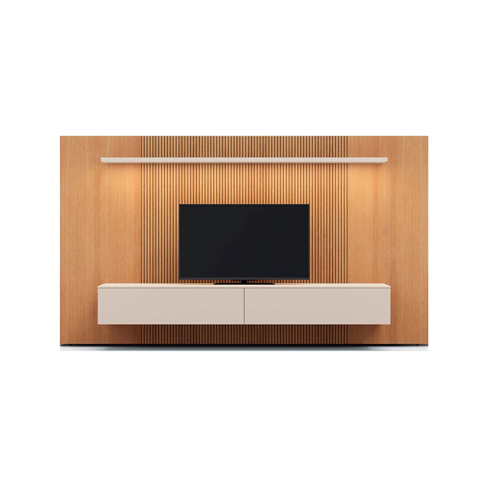 A modern wall-mounted TV unit with a black flat-screen TV, a light beige floating console, and integrated lighting, set against a warm slatted wood panel background.
