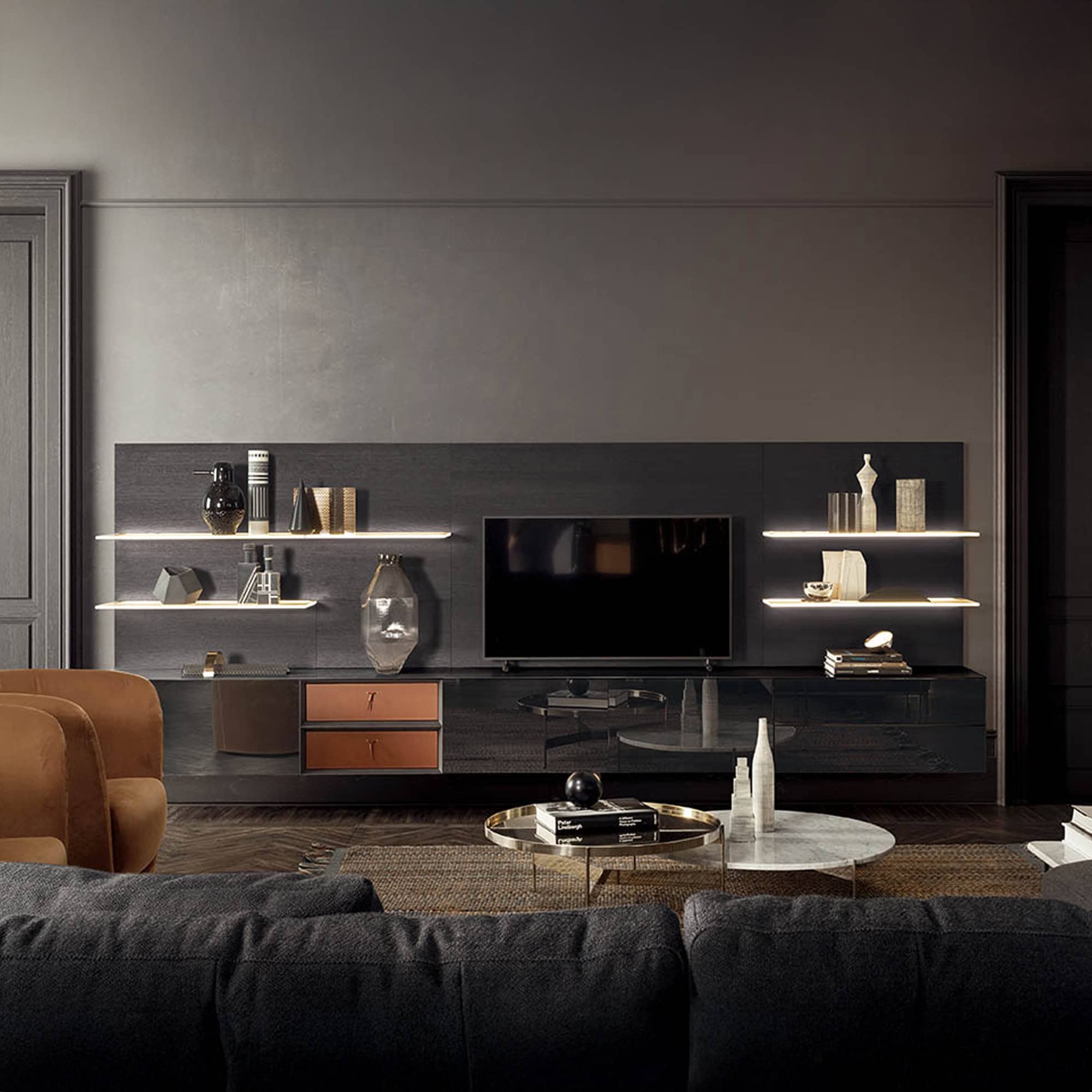 Spazio Wall Unit with grey lacquer cabinets, integrated shelving, and wall-mounted TV.