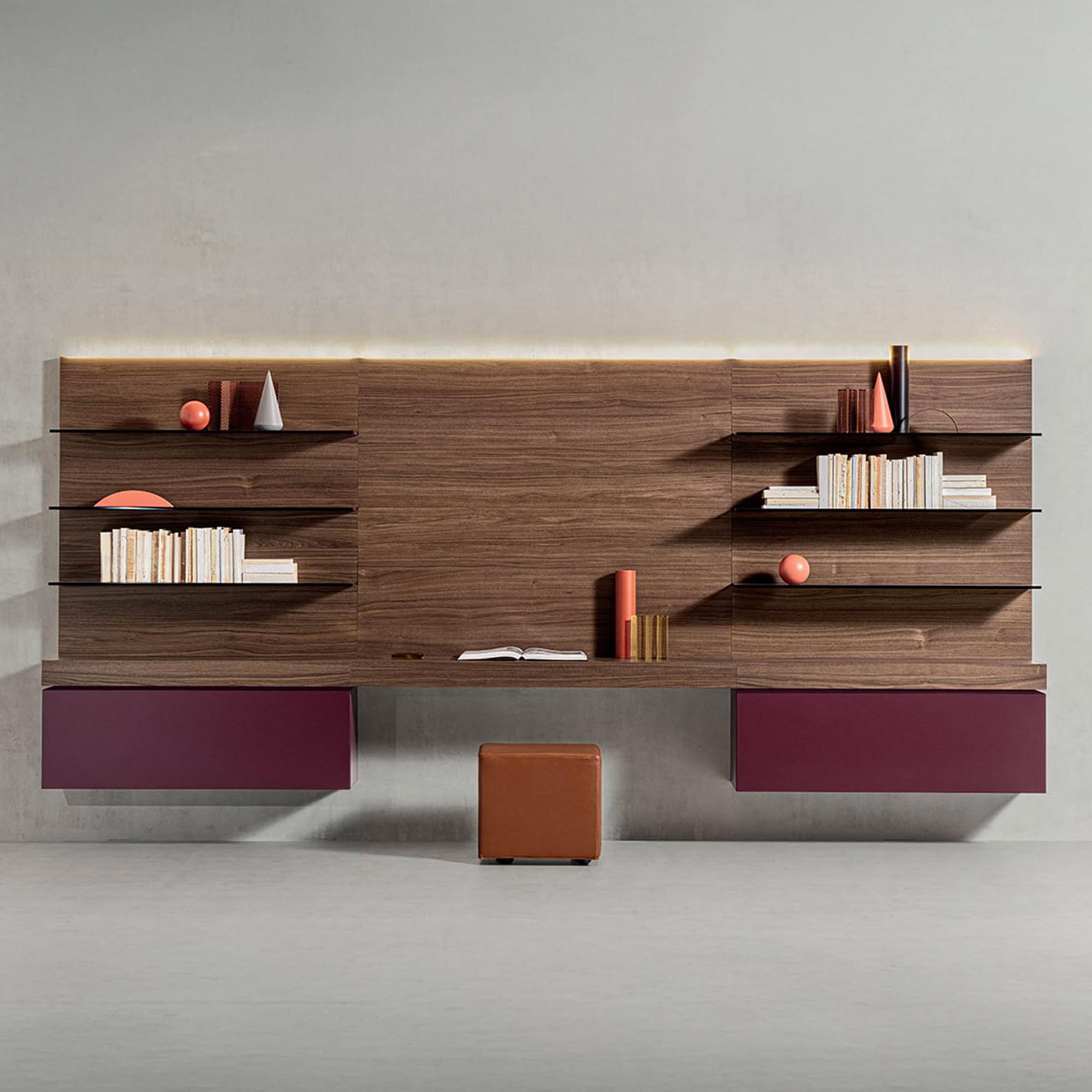 Spazio Wall Unit composition with wood finish, closed cabinets, and open shelving.