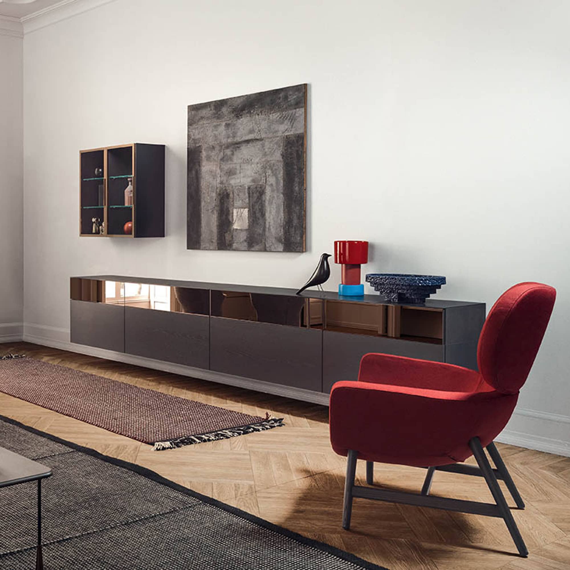 Spazio Wall Unit in grey and wood finish with low cabinet and wall-mounted shelving.