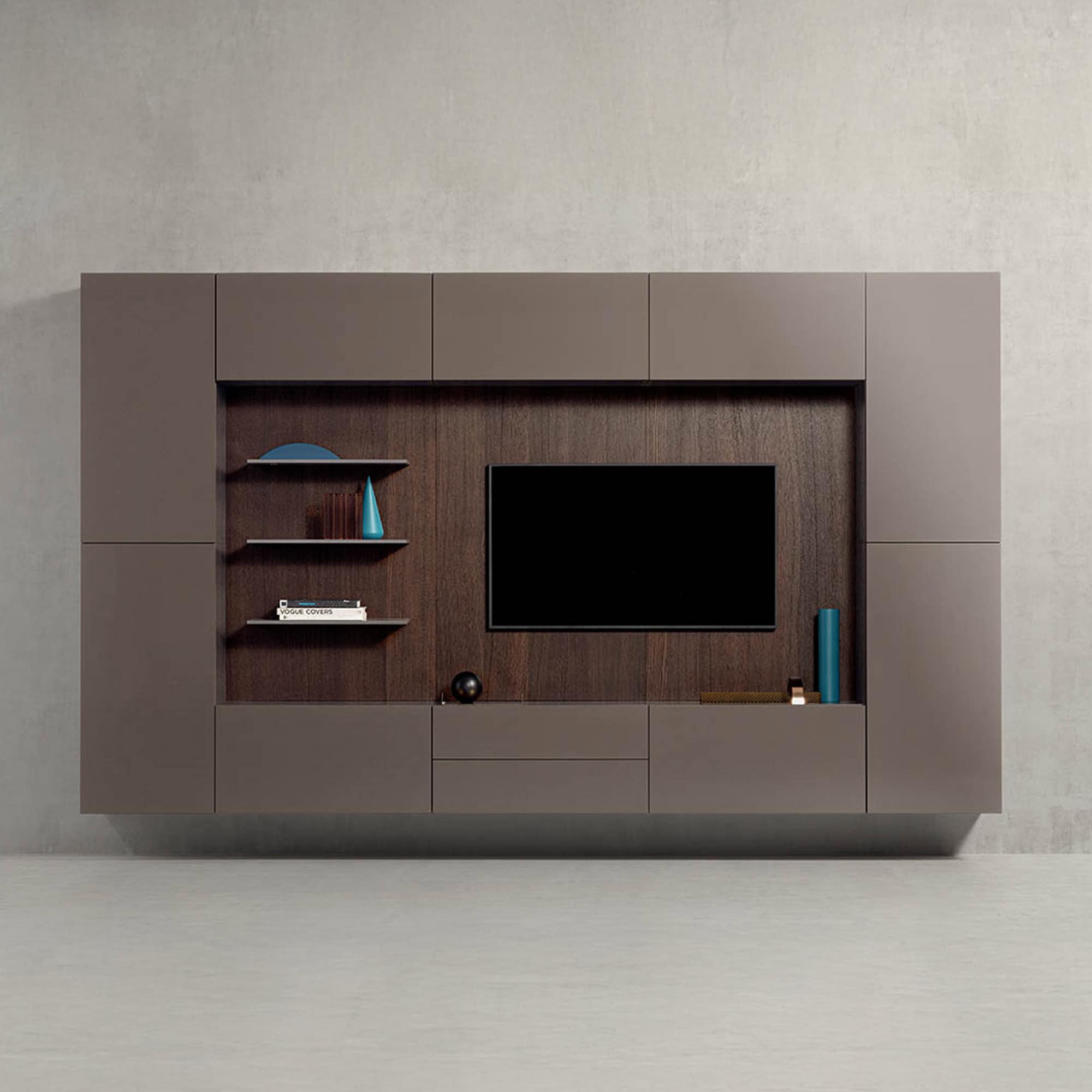 Compact Spazio Wall Unit with wood veneer finish, storage cabinets, and TV niche.