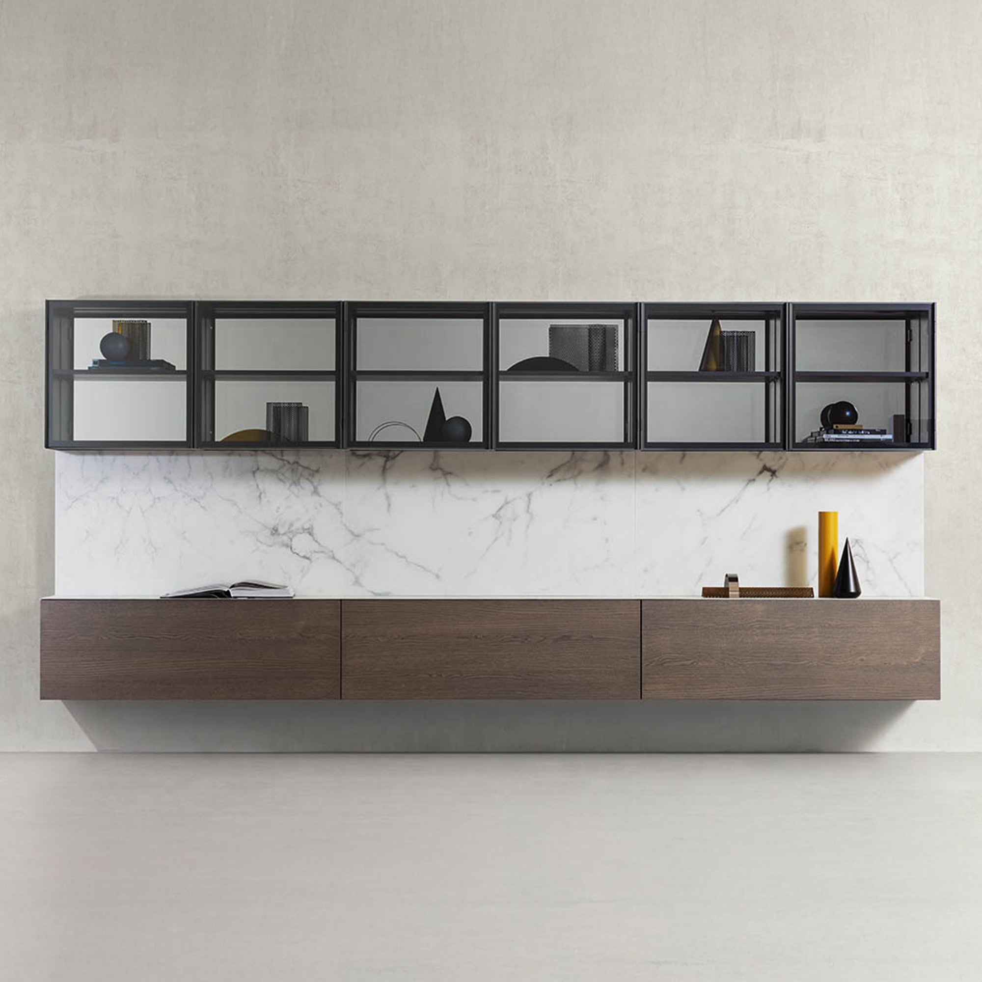 Contemporary Spazio Wall Unit featuring long floating base cabinet and glass shelving.