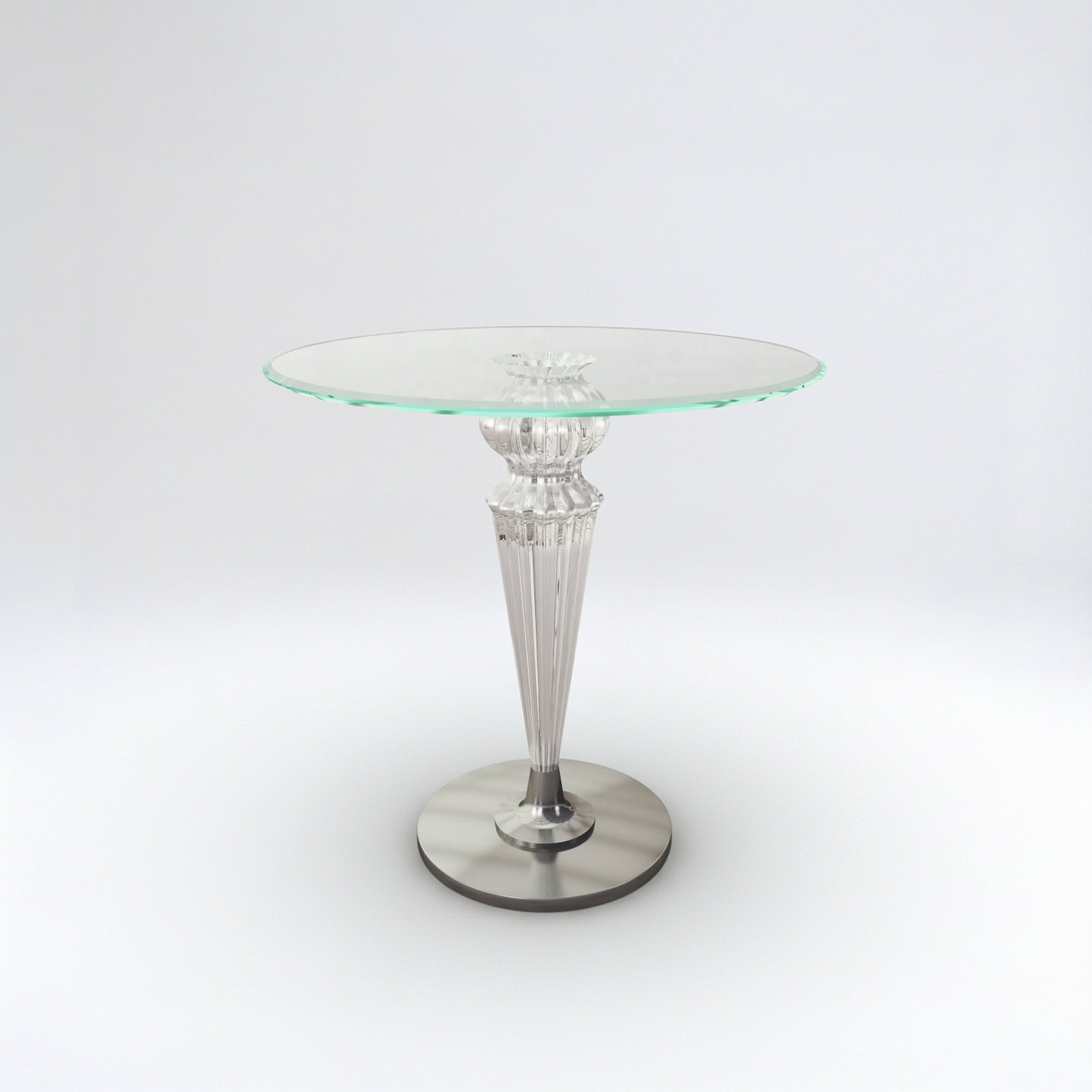 Murano glass side table with glass top and intricate glass base design. Elegant and luxurious accent.