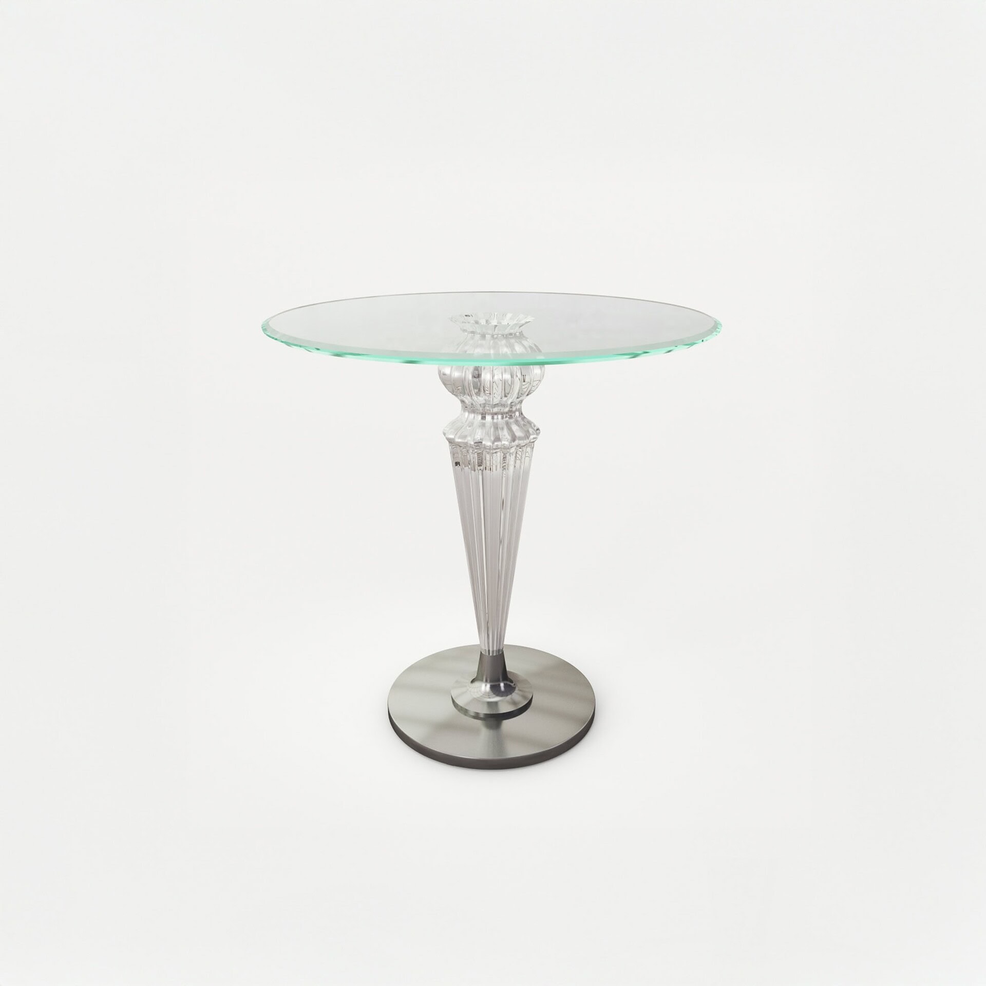 Gran Canal 55 Side Table in transparent glass with polished round base, studio product shot.
