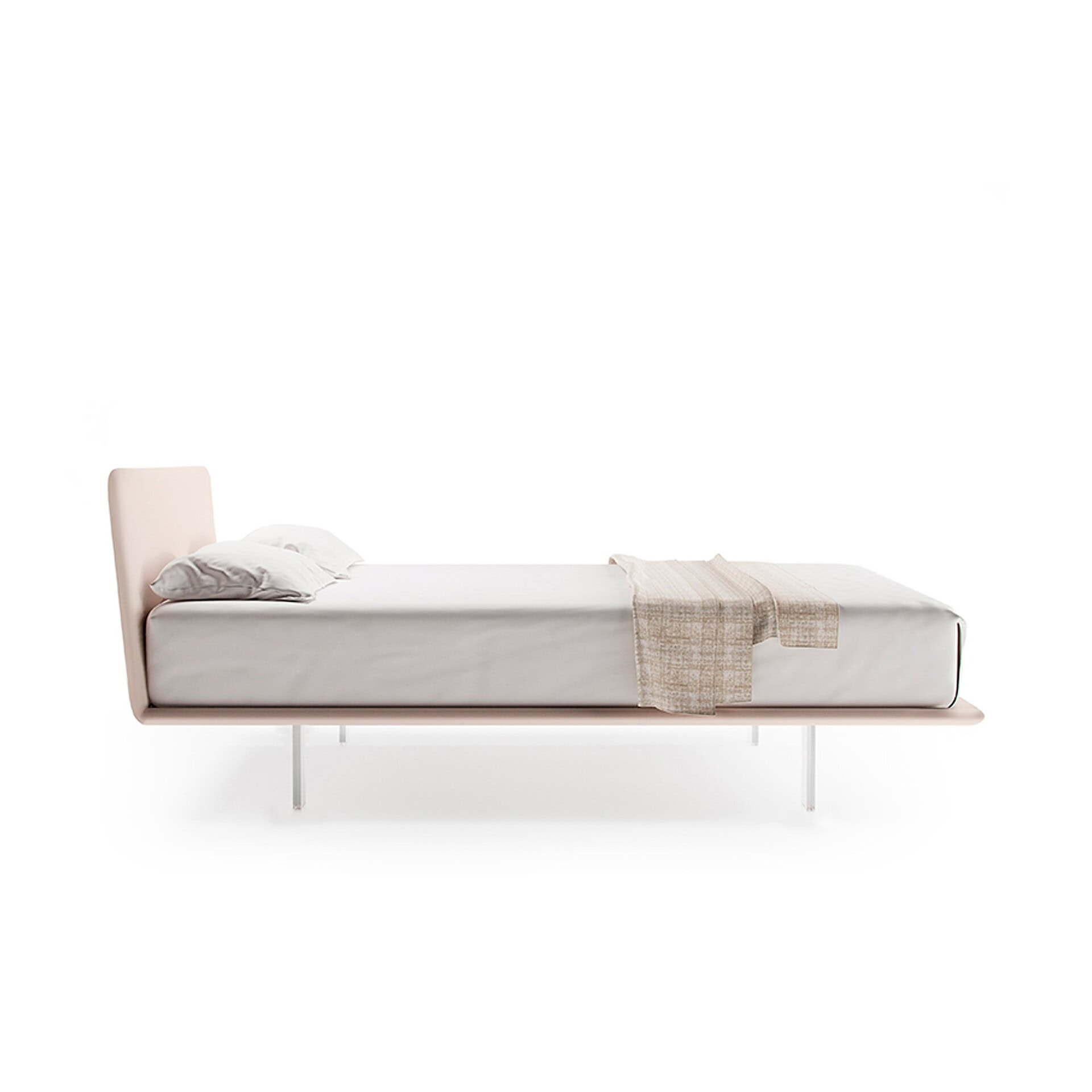 A modern bed with a blush pink curved headboard, white mattress, two white pillows, and a beige textured throw blanket, all on a white background.