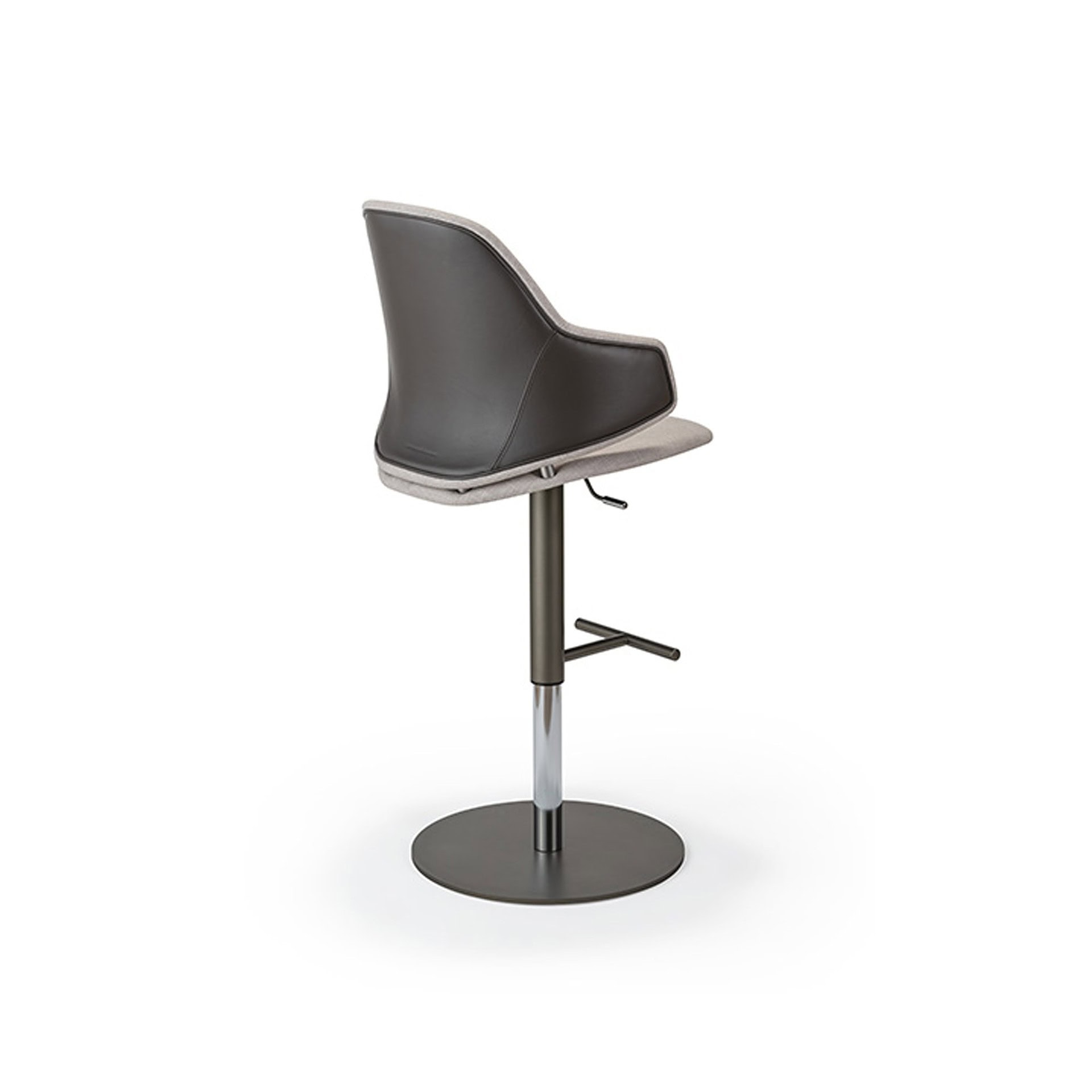 A modern bar stool with a black seat and chrome base.