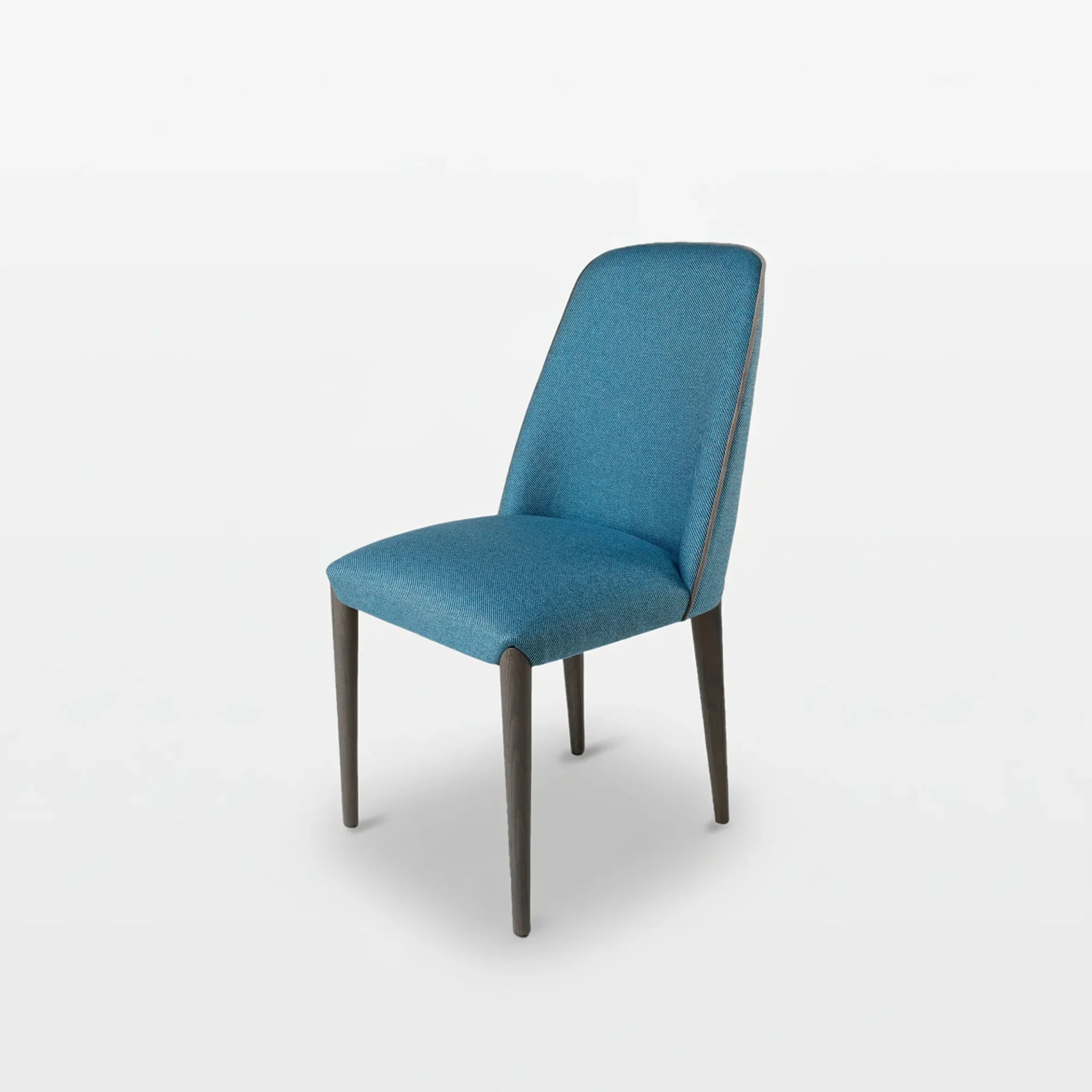 A modern teal upholstered dining chair with dark wooden legs and light brown piping, set against a light gray background.