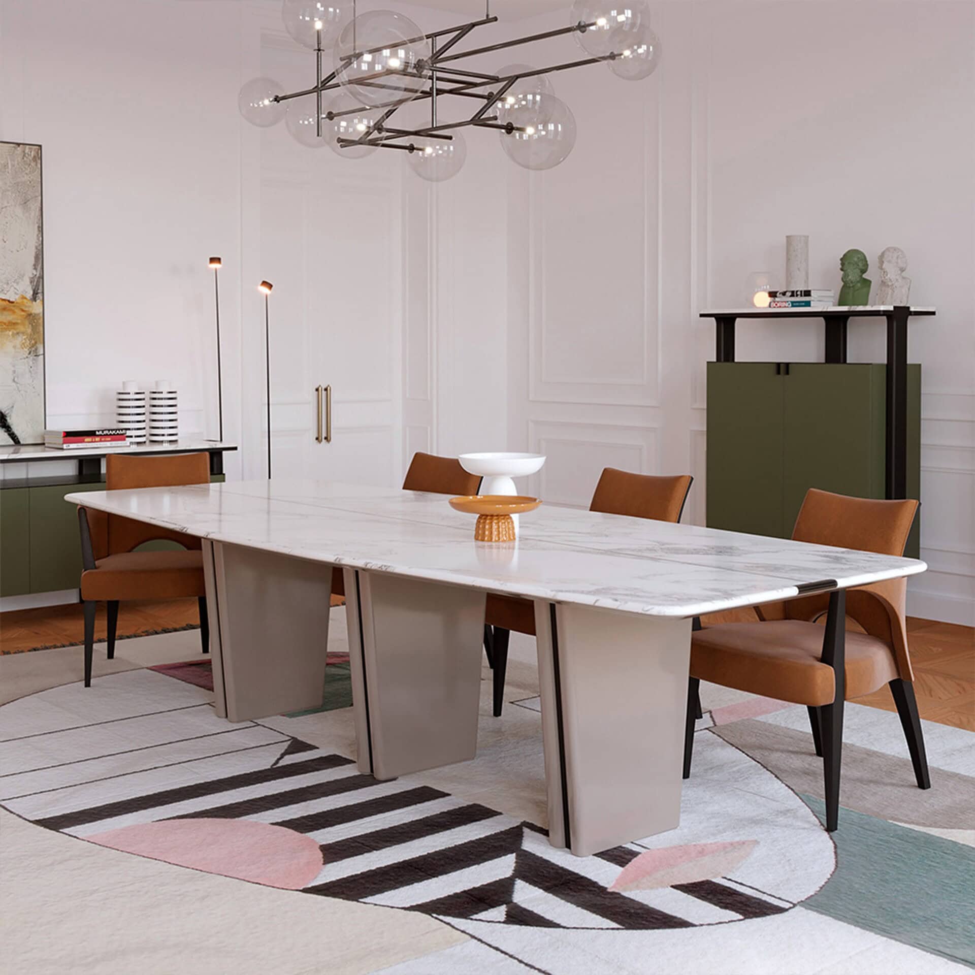 Side angle of Jasmine Modern Dining Table with marble top and lacquered legs, highlighting clean modern design.