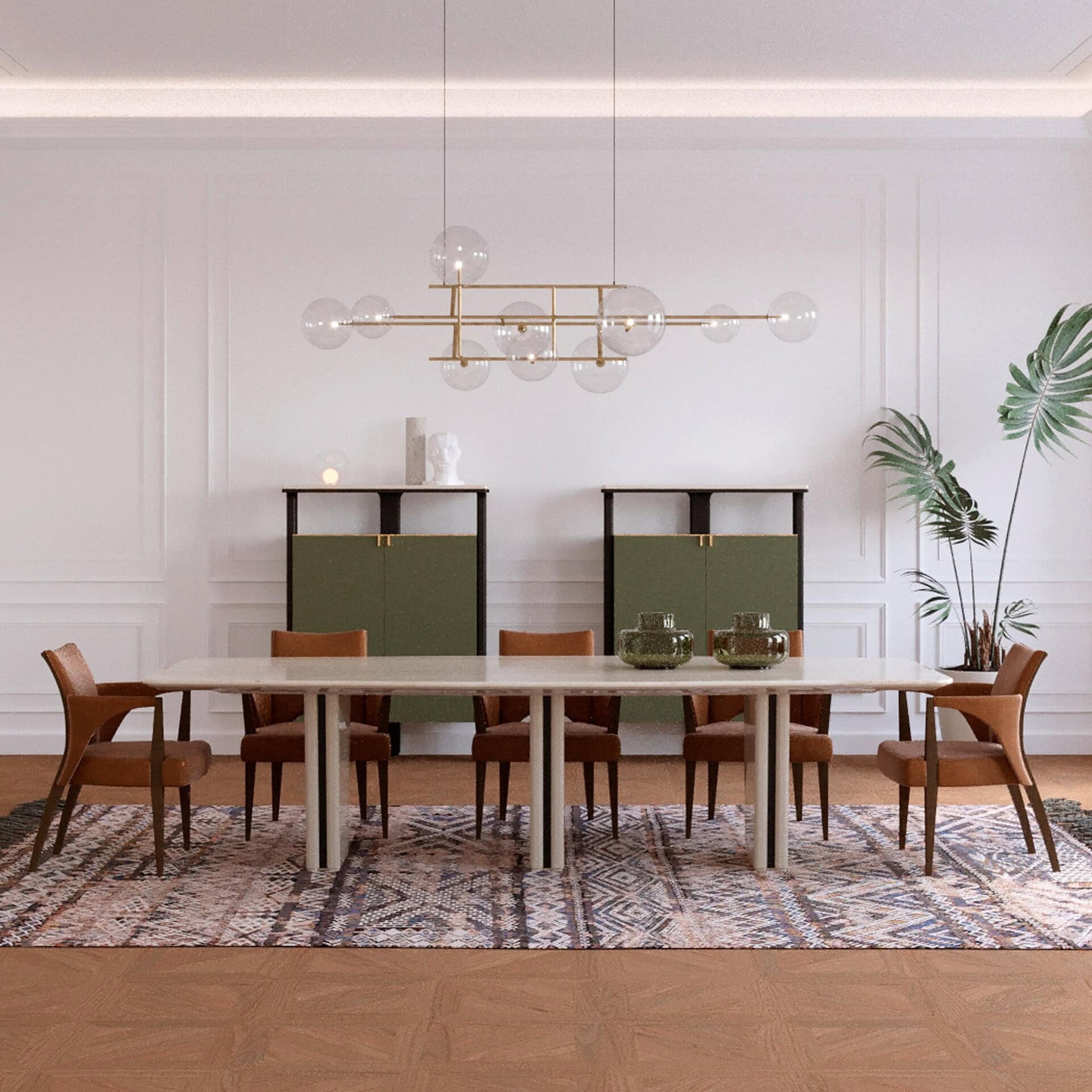 Expansive dining space with Jasmine Modern Dining Table, double sideboards, and modern chandelier lighting.