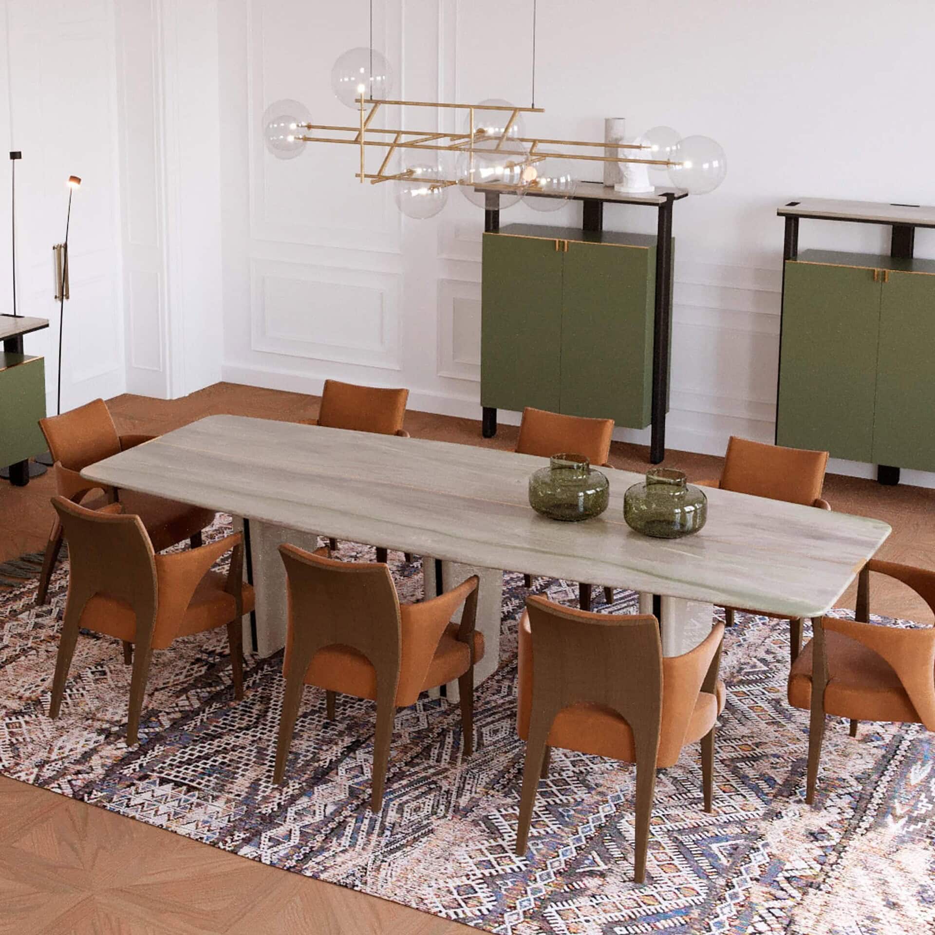 Jasmine Modern Dining Table with marble surface and lacquered base, styled in a contemporary dining room.
