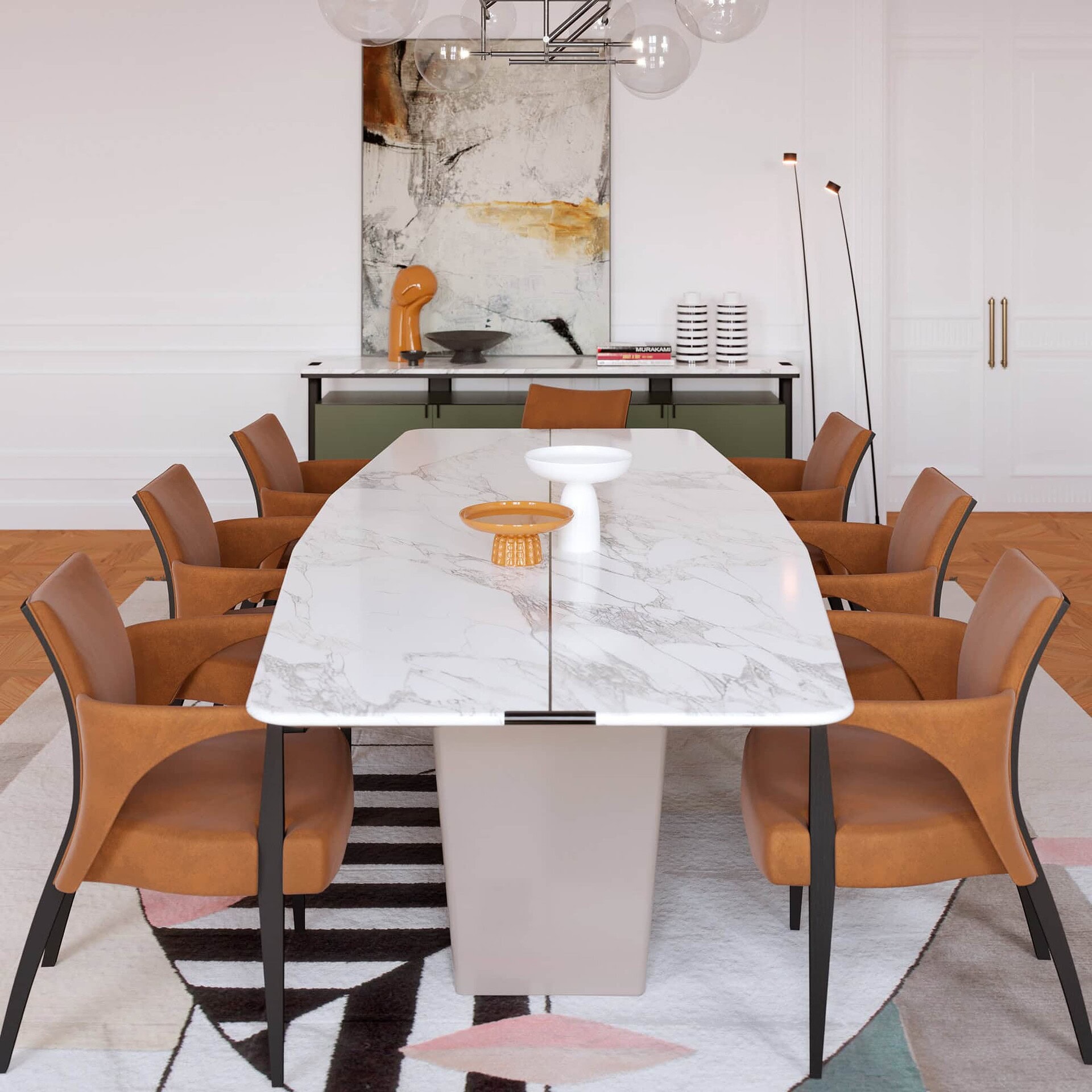 Front view of Jasmine Modern Dining Table styled with leather chairs and modern wall art.