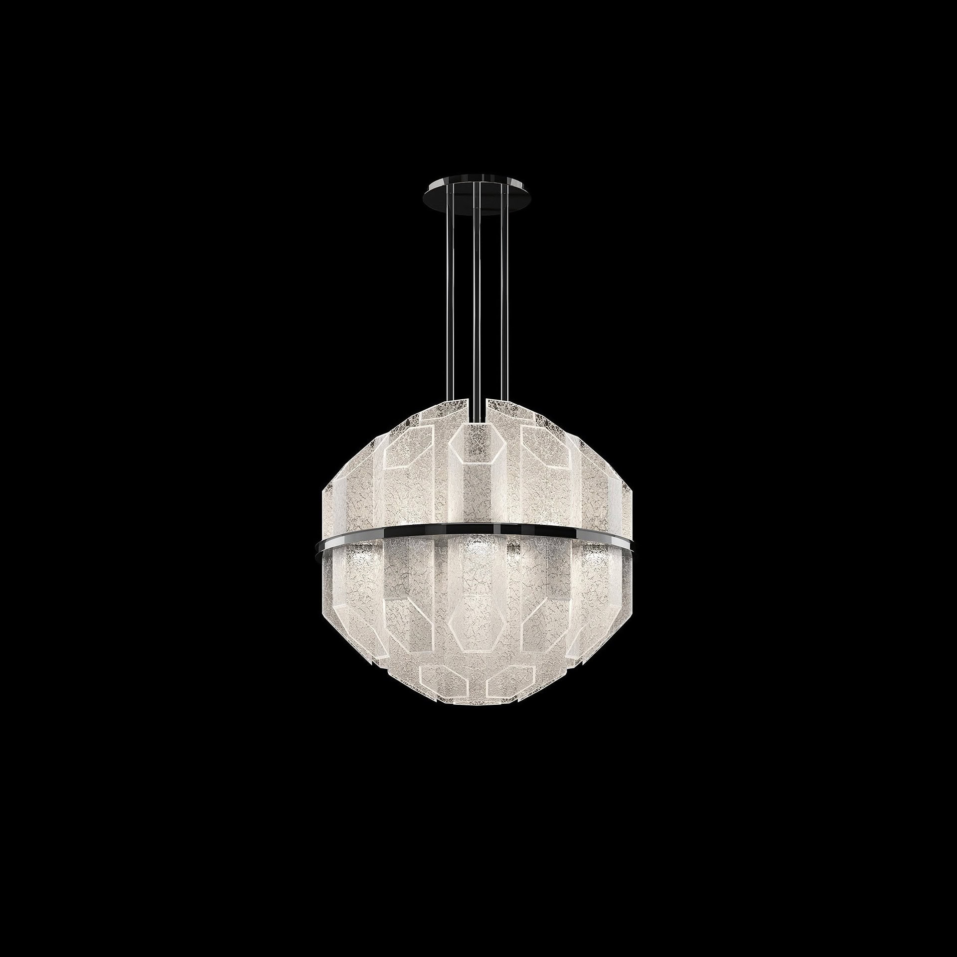 Trim Venetian Crystal Pendant Light by Barovier&Toso, product view against black background with polished chrome finish.