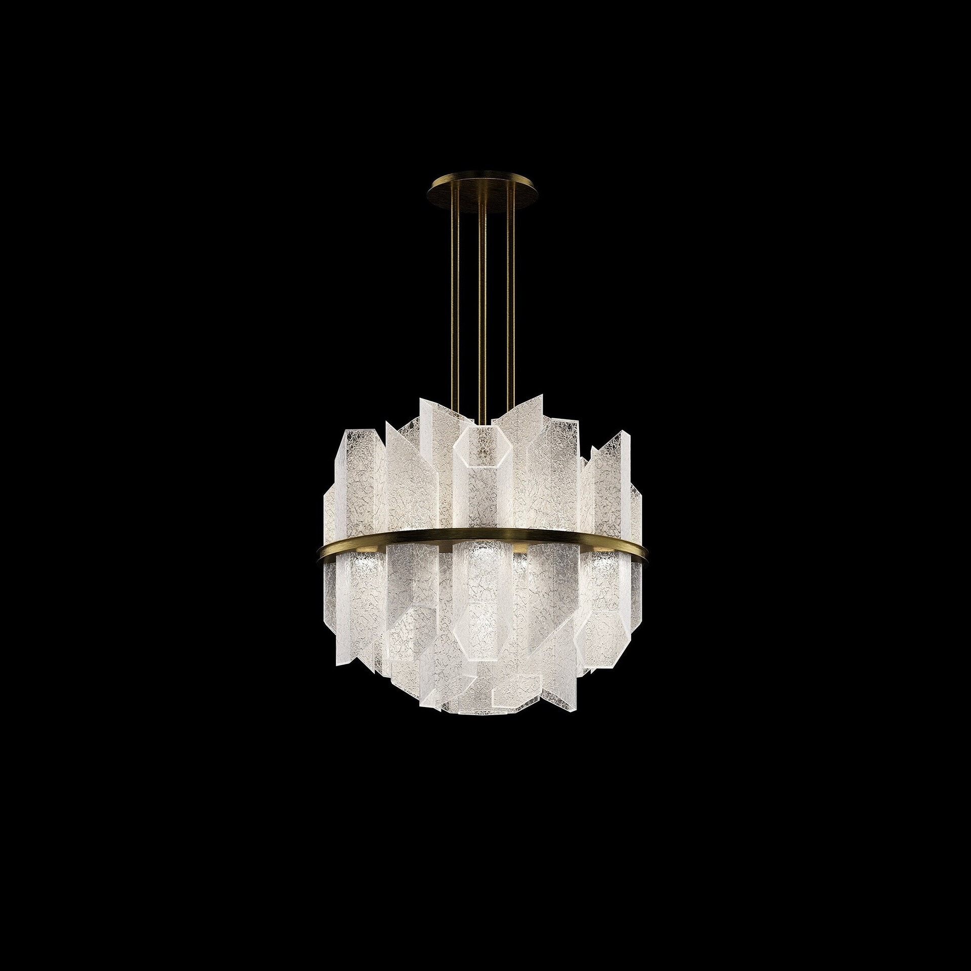 Trim Venetian Crystal Pendant Light by Barovier&Toso, crystal globe with fine brushed brass structure, studio view.