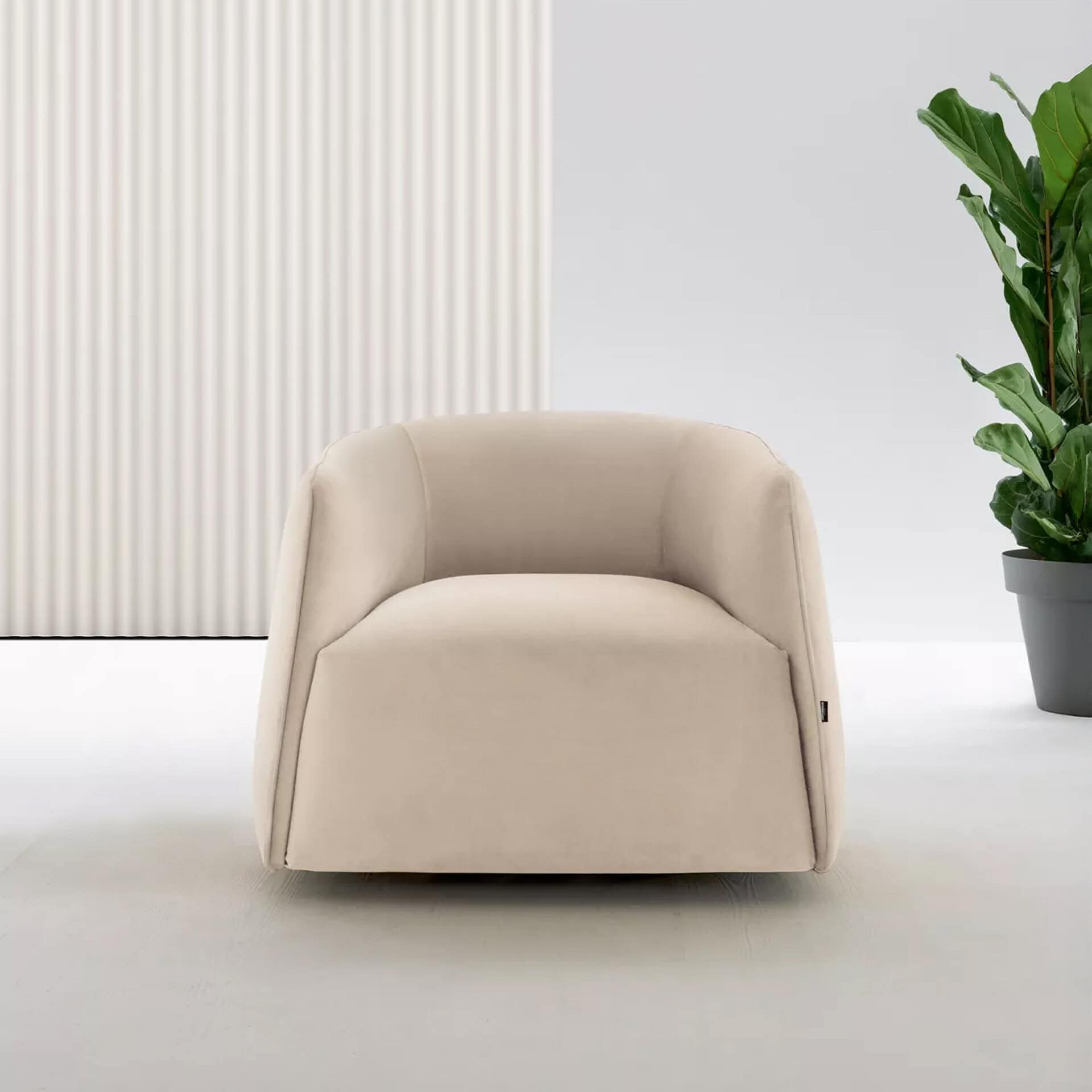 Elegant beige armchair for modern interiors, featuring sleek design and comfortable seating.