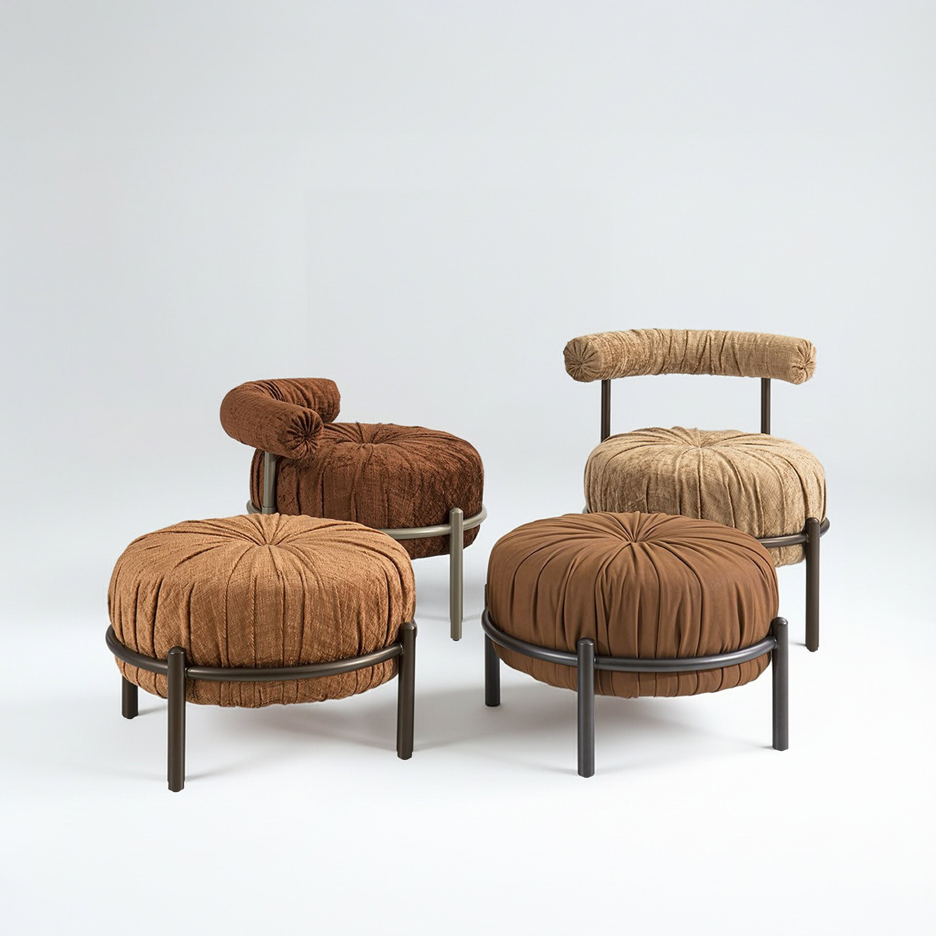 Elegant upholstered chairs and ottomans with plush fabric and contemporary design for comfortable se.