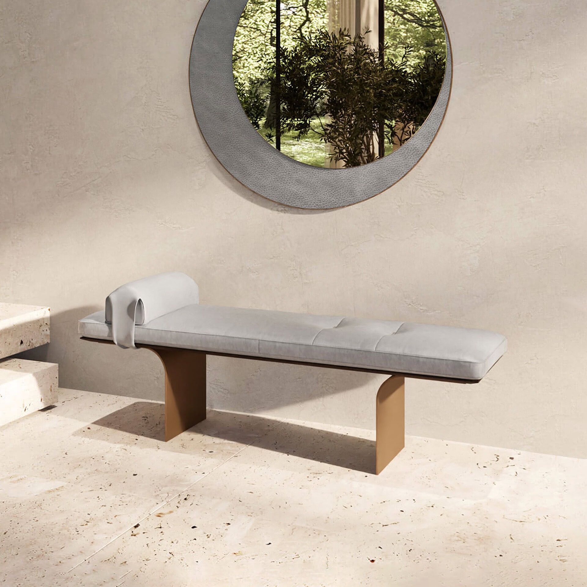 Elegant gray upholstered bench with wooden legs in a sleek, modern design.