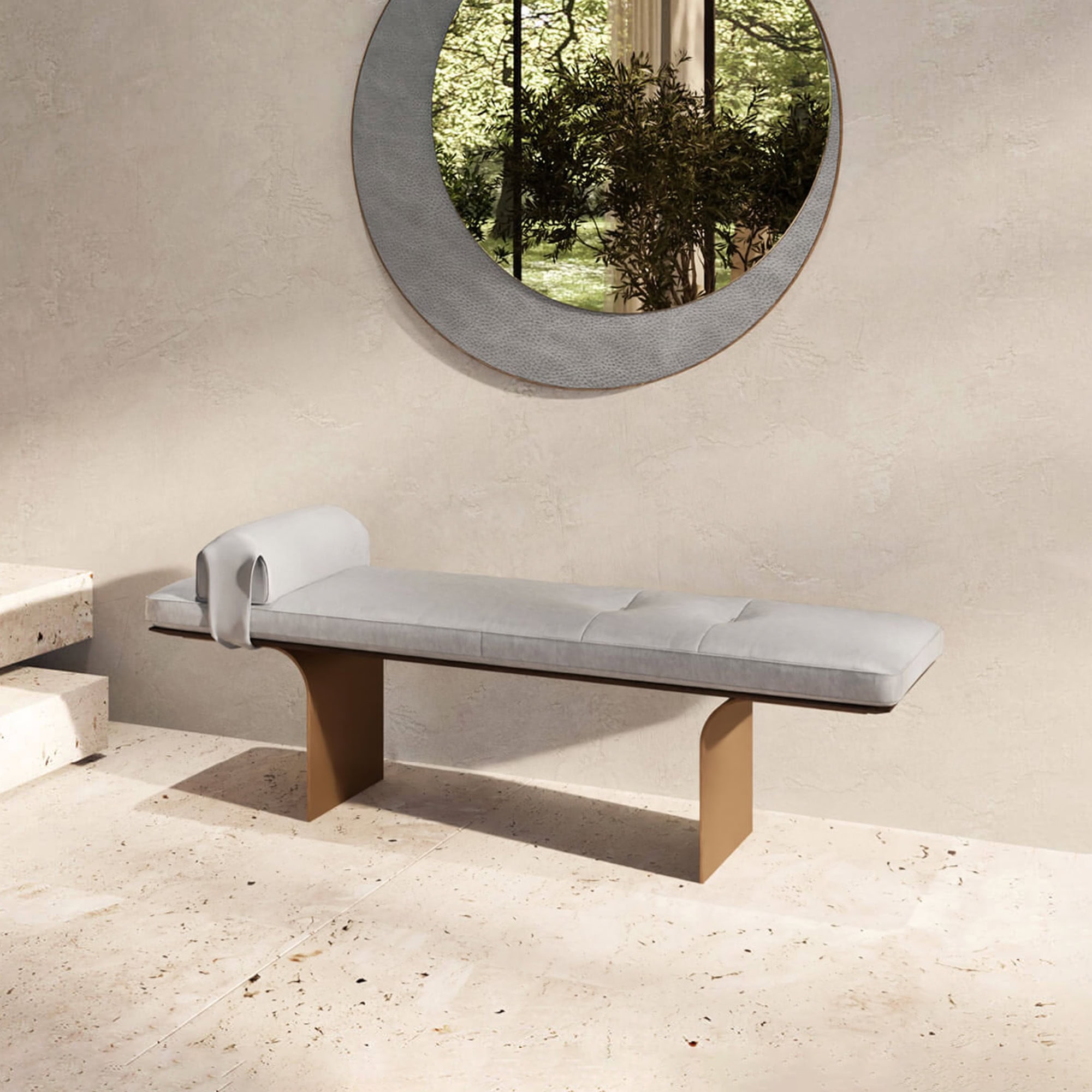 Elegant gray upholstered bench with wooden legs in a sleek, modern design.