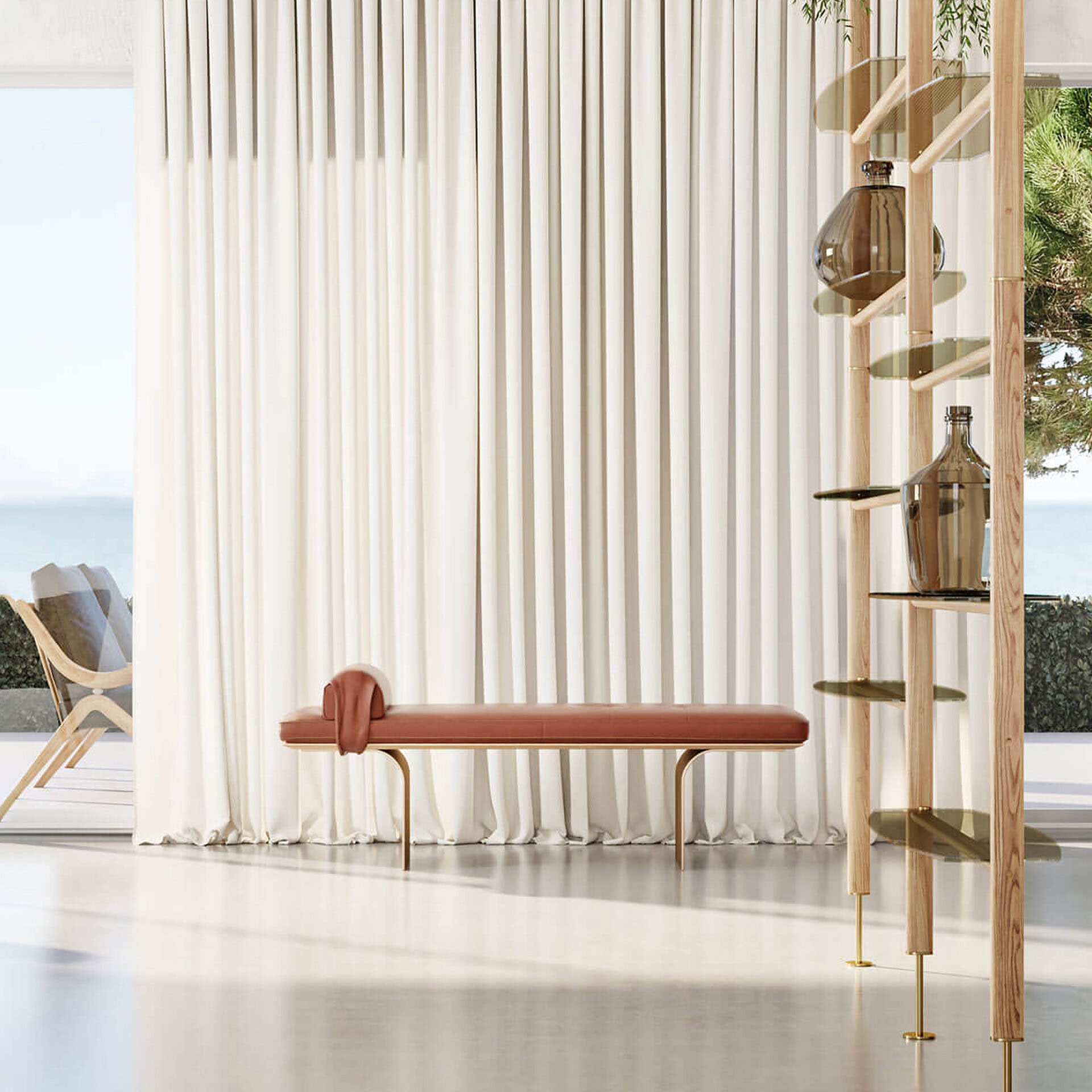 Elegant minimalist living room with neutral curtains and stylish furniture.