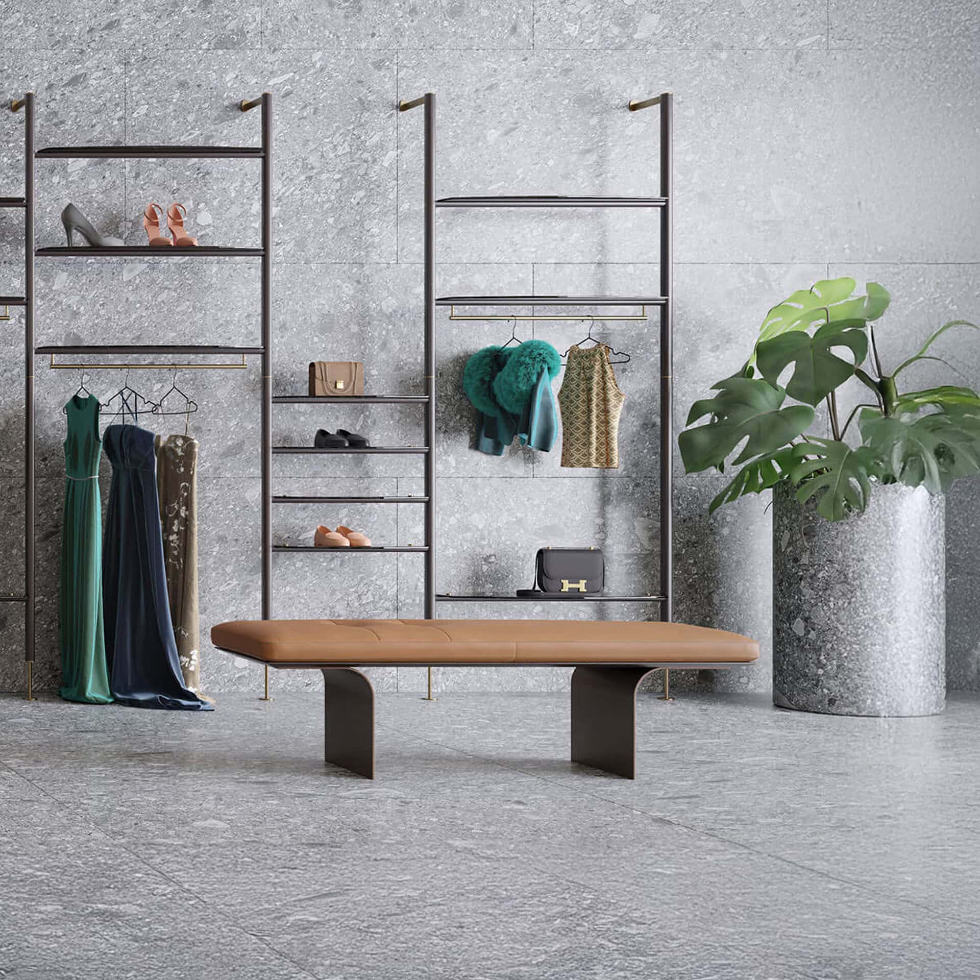 Modern closet with clothing, shoes, and accessories display for stylish storage solutions.
