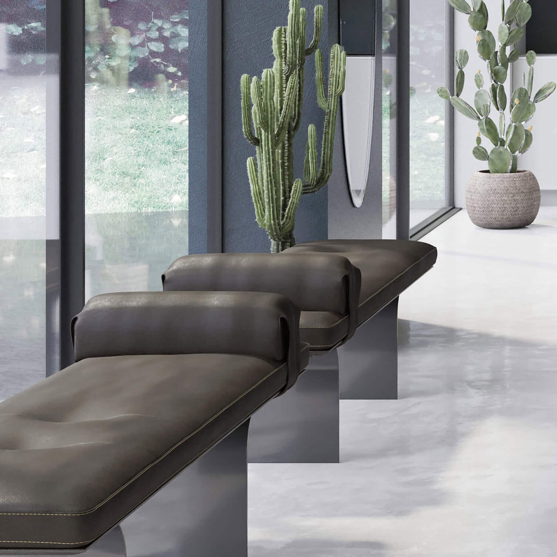 Leather lounge chairs with sleek design for modern interiors.