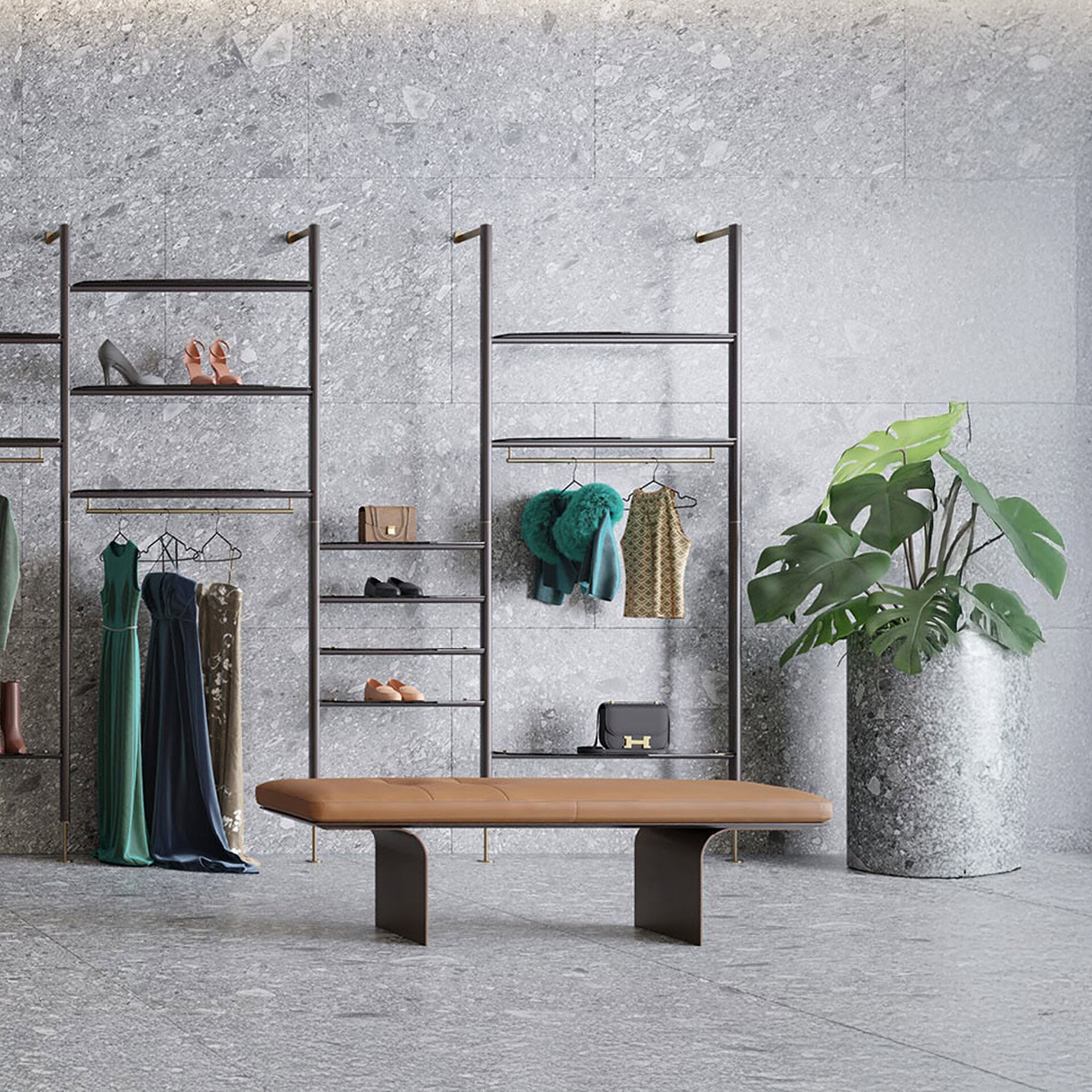 Minerva Leather Bench placed in a loft interior with shelving and modern décor.