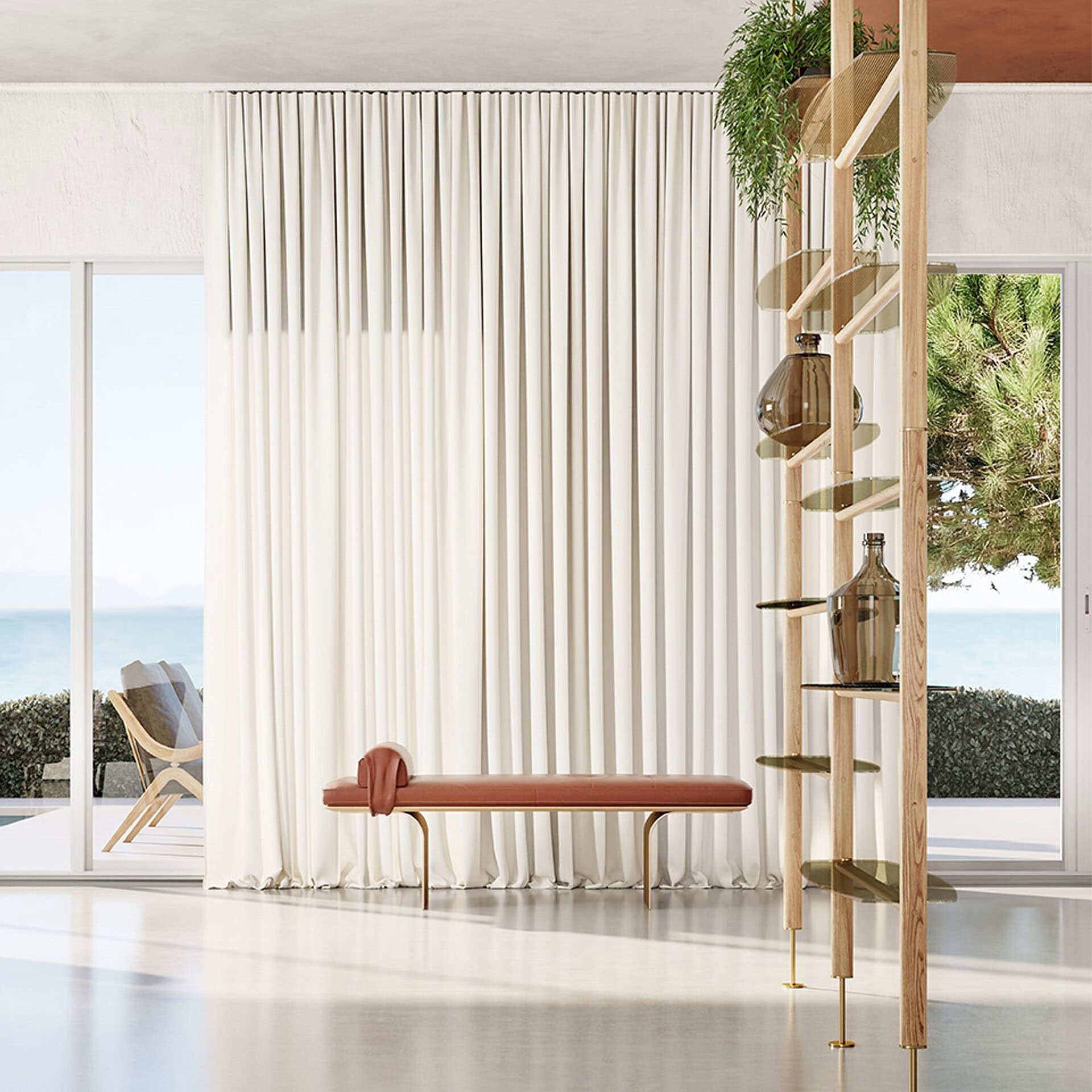Lifestyle view of Minerva Leather Bench in front of floor-to-ceiling curtains with wood shelving.
