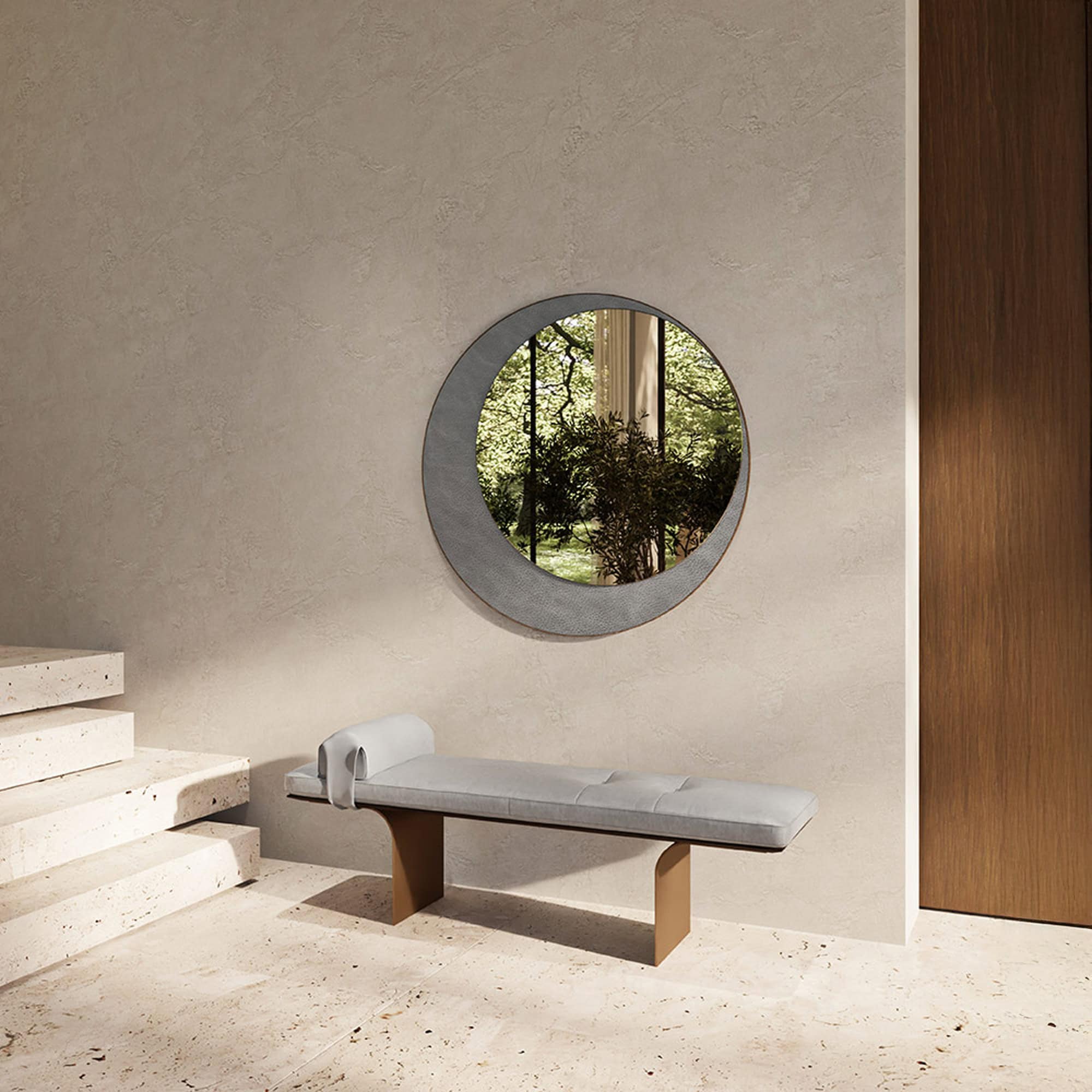 Minerva Leather Bench styled in a minimalist interior with circular window backdrop.