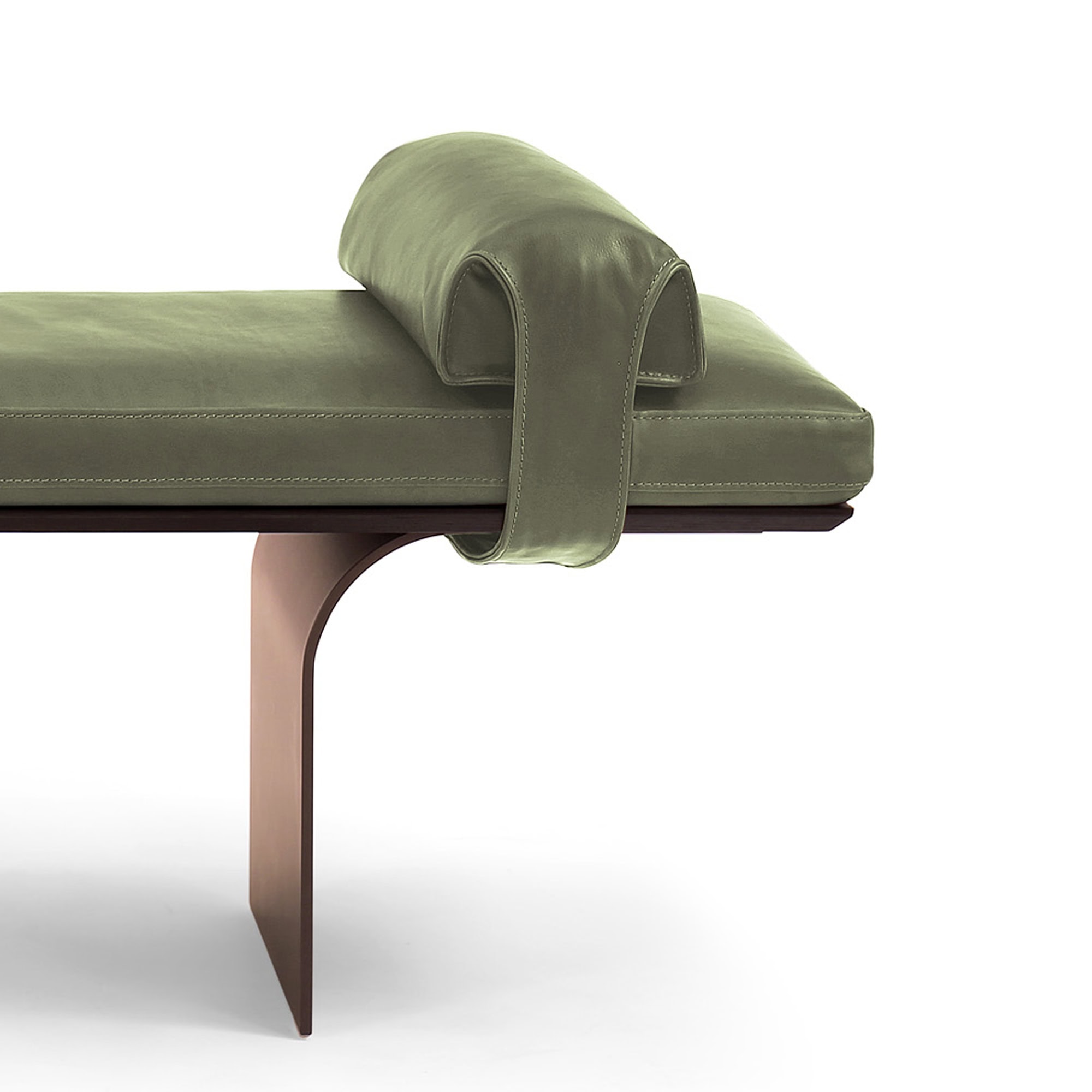 Studio product image of Minerva Leather Bench with rolled armrest and metal base.