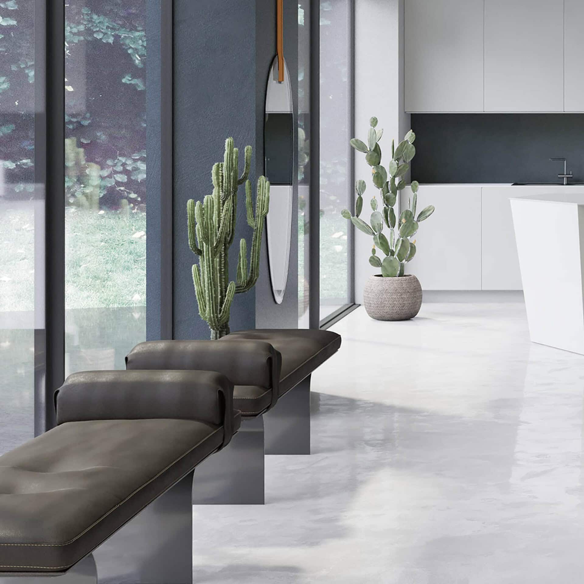 Contemporary interior setting featuring the Minerva Leather Bench in dark leather.