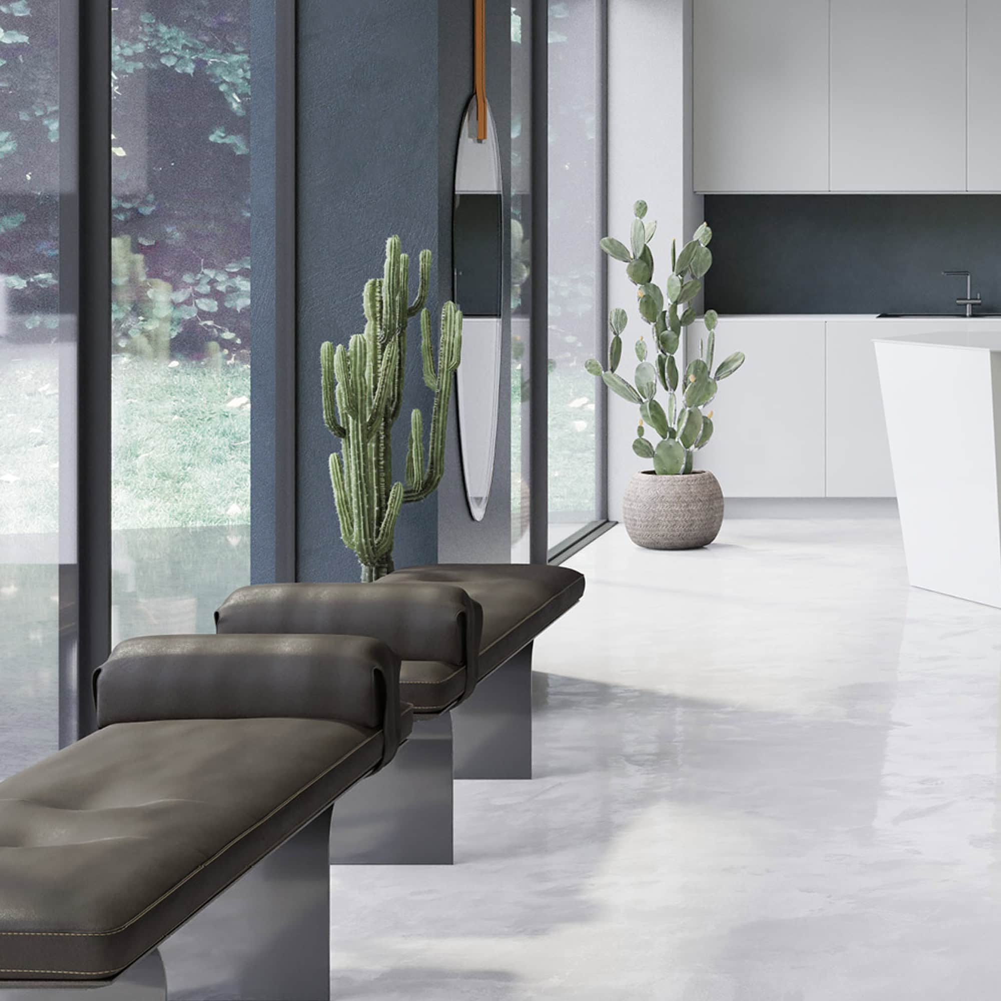 Contemporary interior setting featuring the Minerva Leather Bench in dark leather.