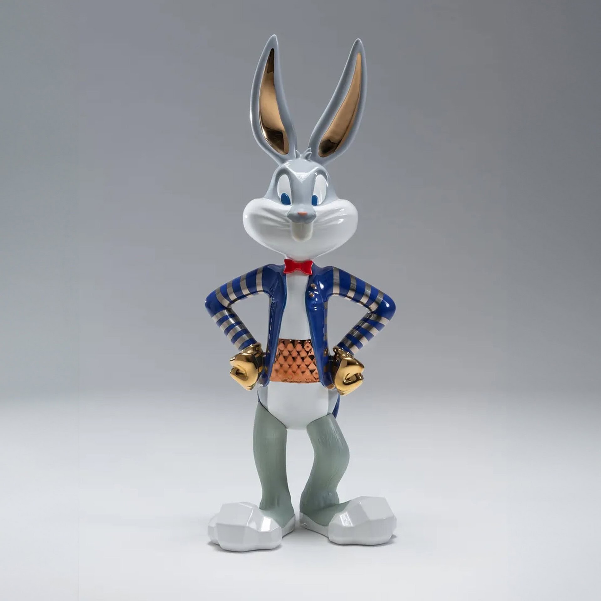The Shiny Bugs Pop Art Sculpture photographed on light background, showcasing Bugs Bunny’s full figure in ceramic form.