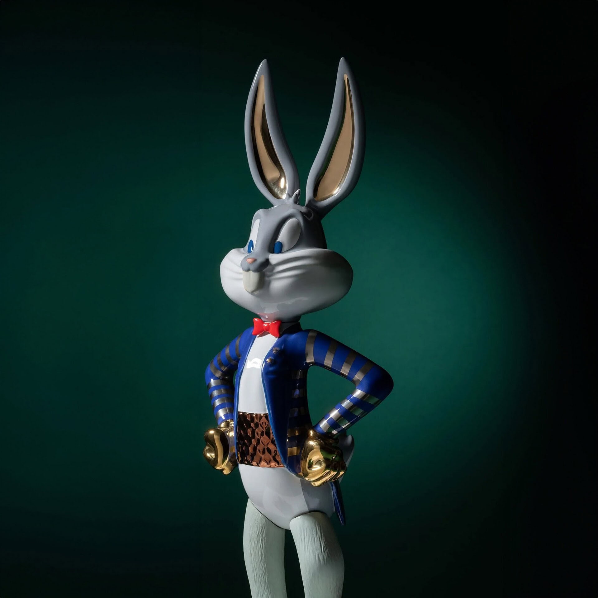 The Shiny Bugs Pop Art Sculpture front view against dark green background, featuring metallic accents and vibrant enamel details.