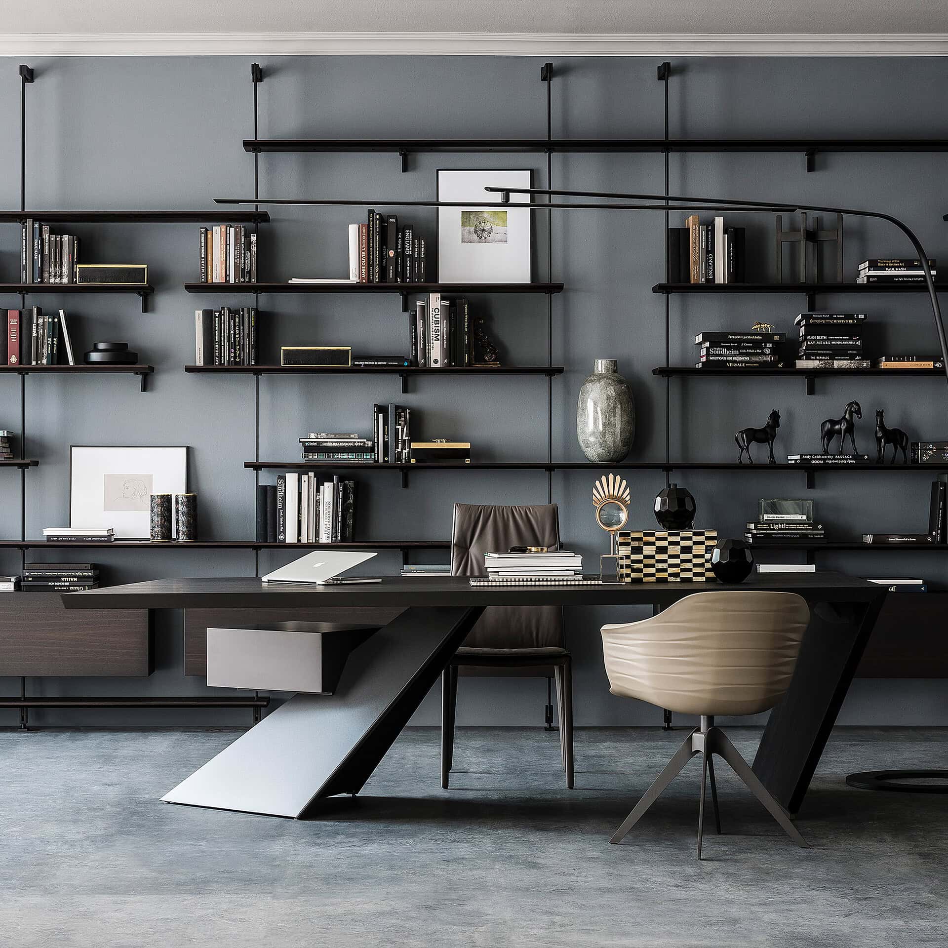 Contemporary home office with sleek black desk and wall-mounted bookshelves.